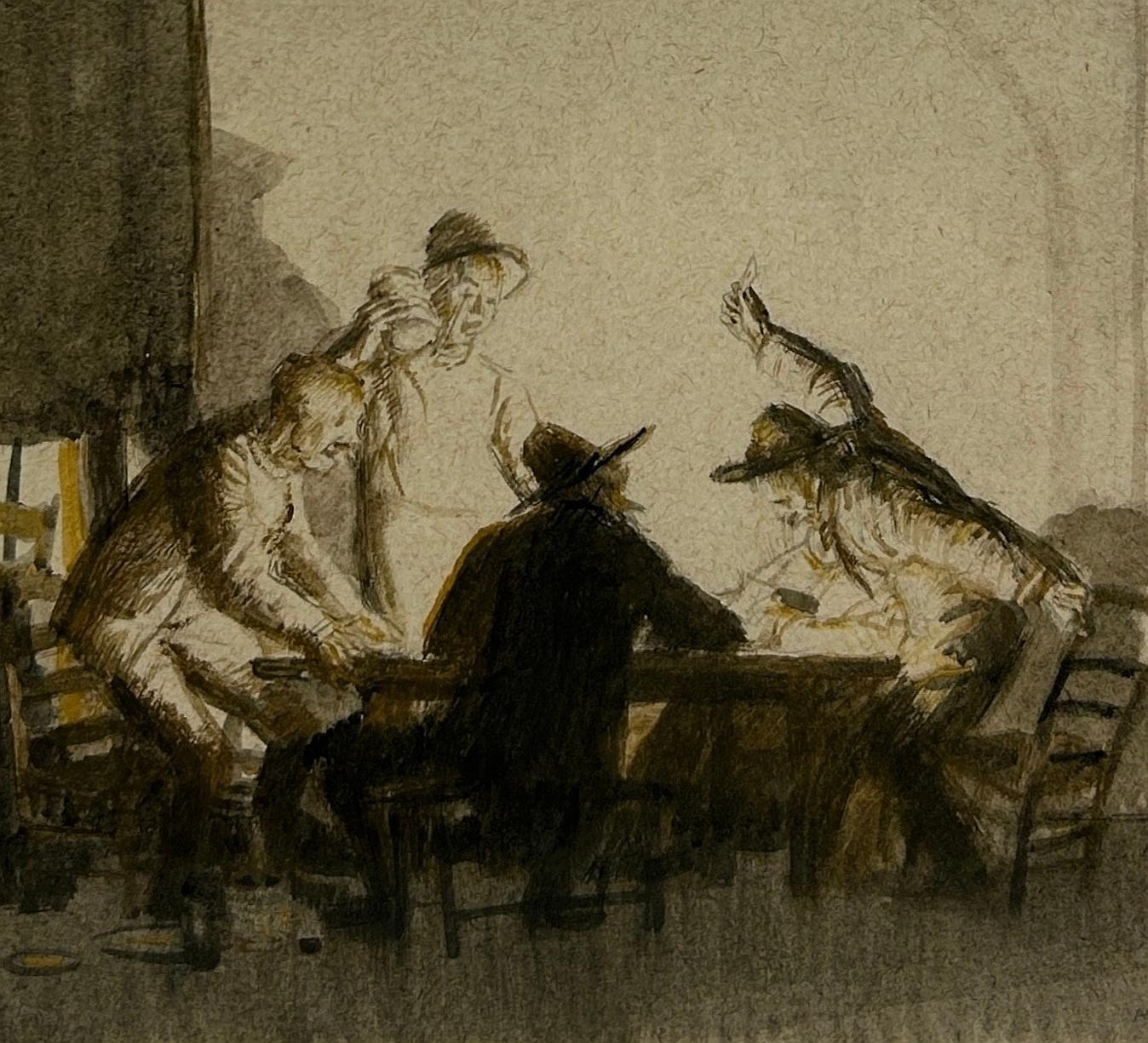 Card Players, Spain - English Pencil & Watercolor Figurative Interior Drawing For Sale 1