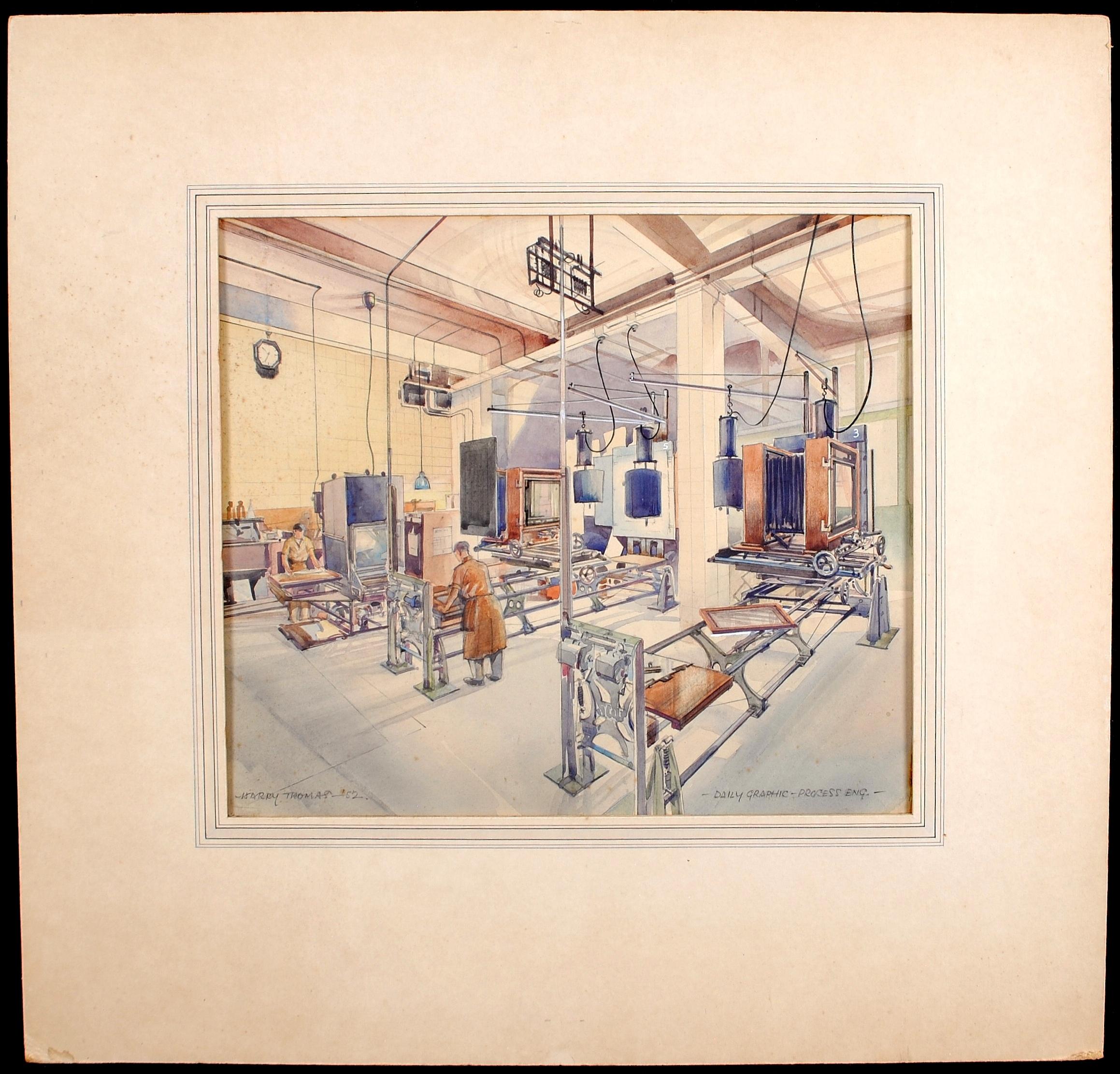 Processo grafico quotidiano - Pittura ad acquerello industriale di fabbrica della metà del XX secolo - Art di Harry Thomas