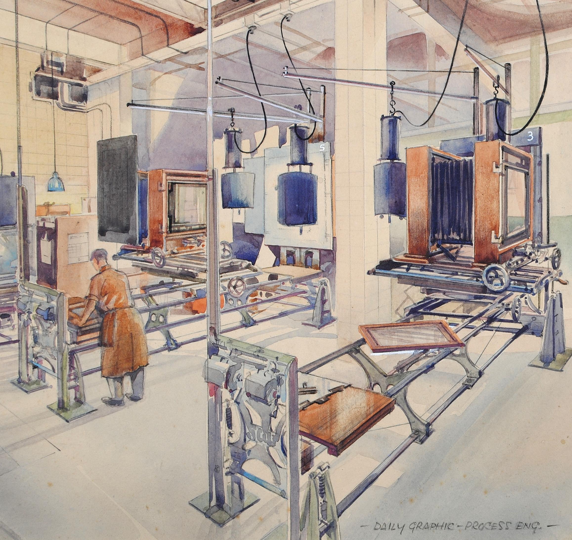 Processo grafico quotidiano - Pittura ad acquerello industriale di fabbrica della metà del XX secolo in vendita 2