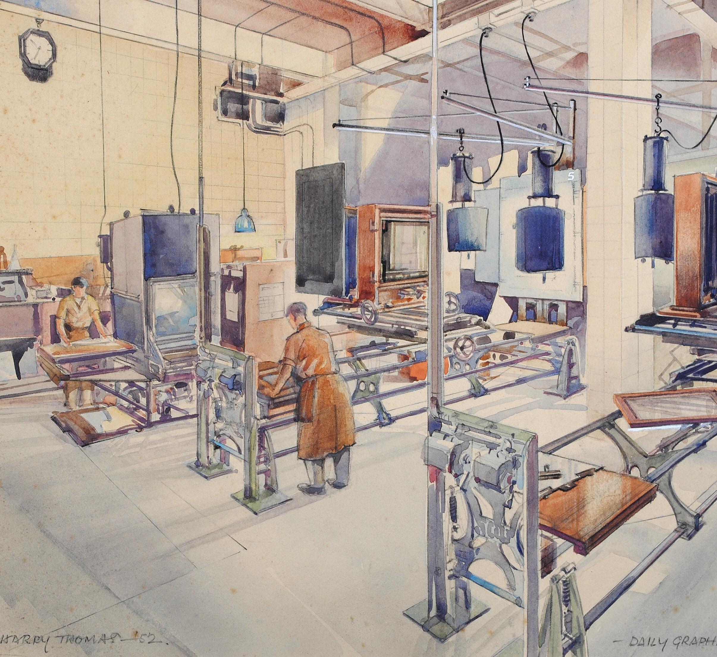 Processo grafico quotidiano - Pittura ad acquerello industriale di fabbrica della metà del XX secolo in vendita 1
