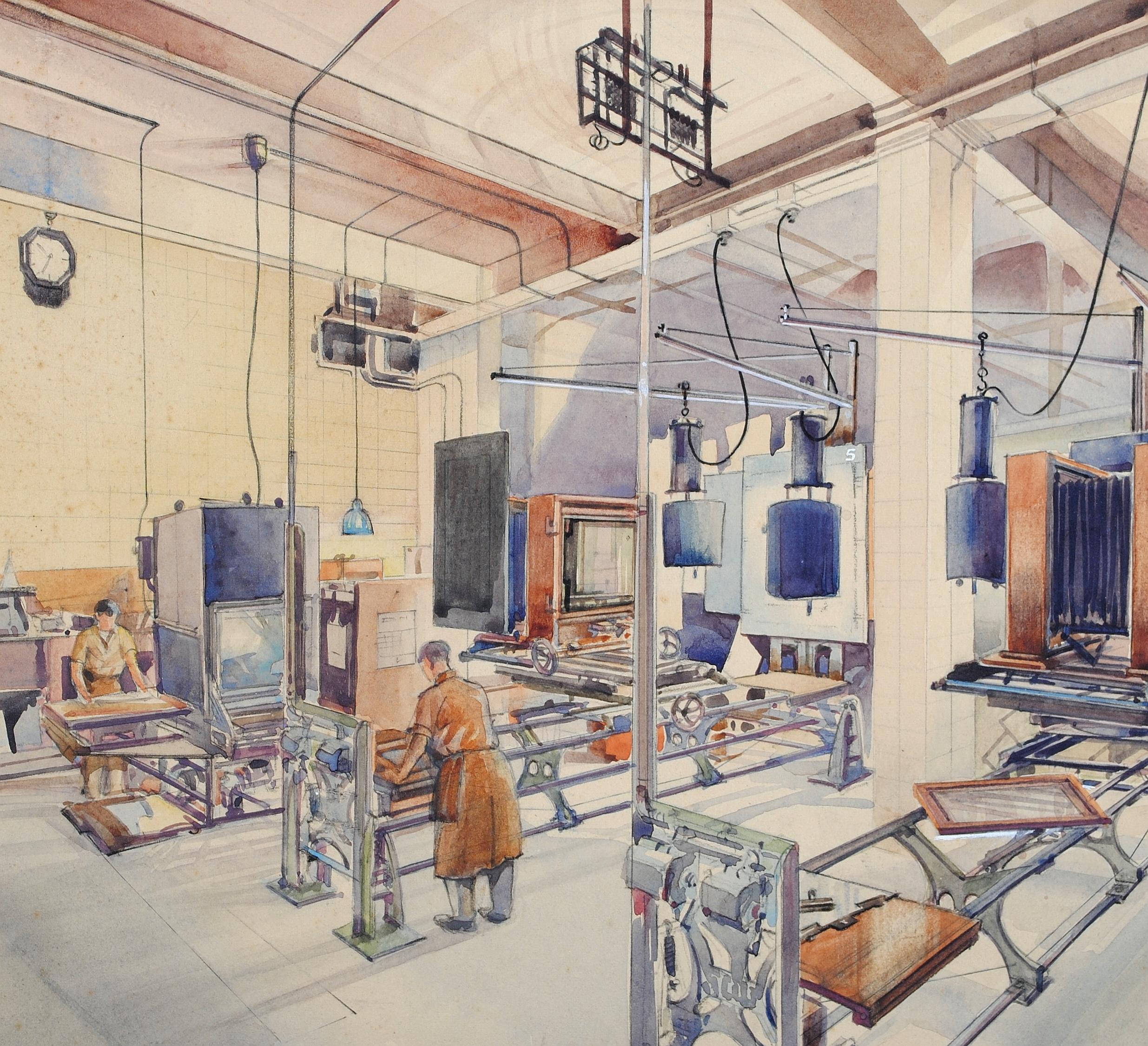 Un interessante acquerello firmato e datato 1952 che raffigura l'interno di una fabbrica di stampa. L'opera reca l'iscrizione 