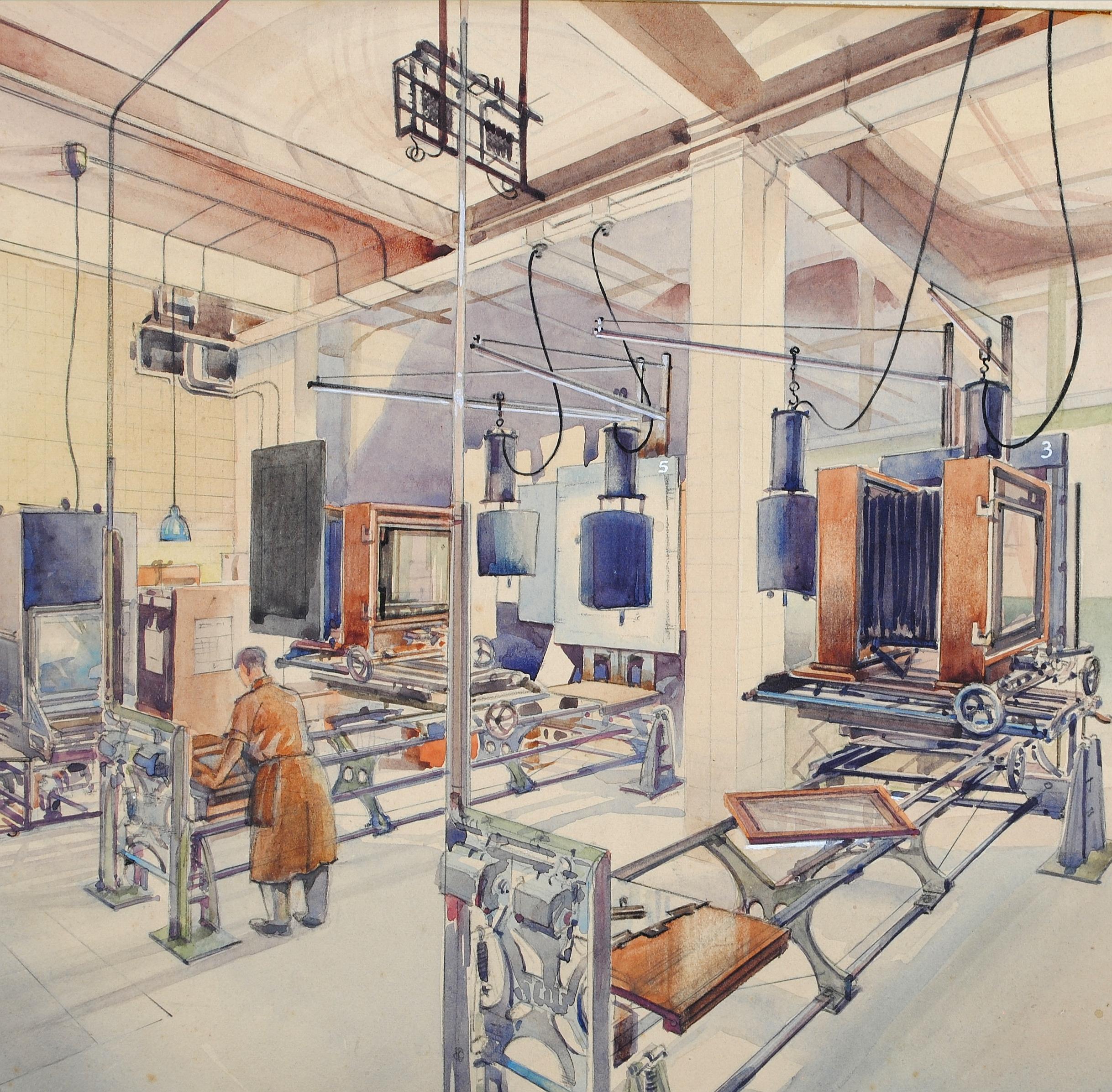 Processo grafico quotidiano - Pittura ad acquerello industriale di fabbrica della metà del XX secolo - Interior Art Marrone di Harry Thomas