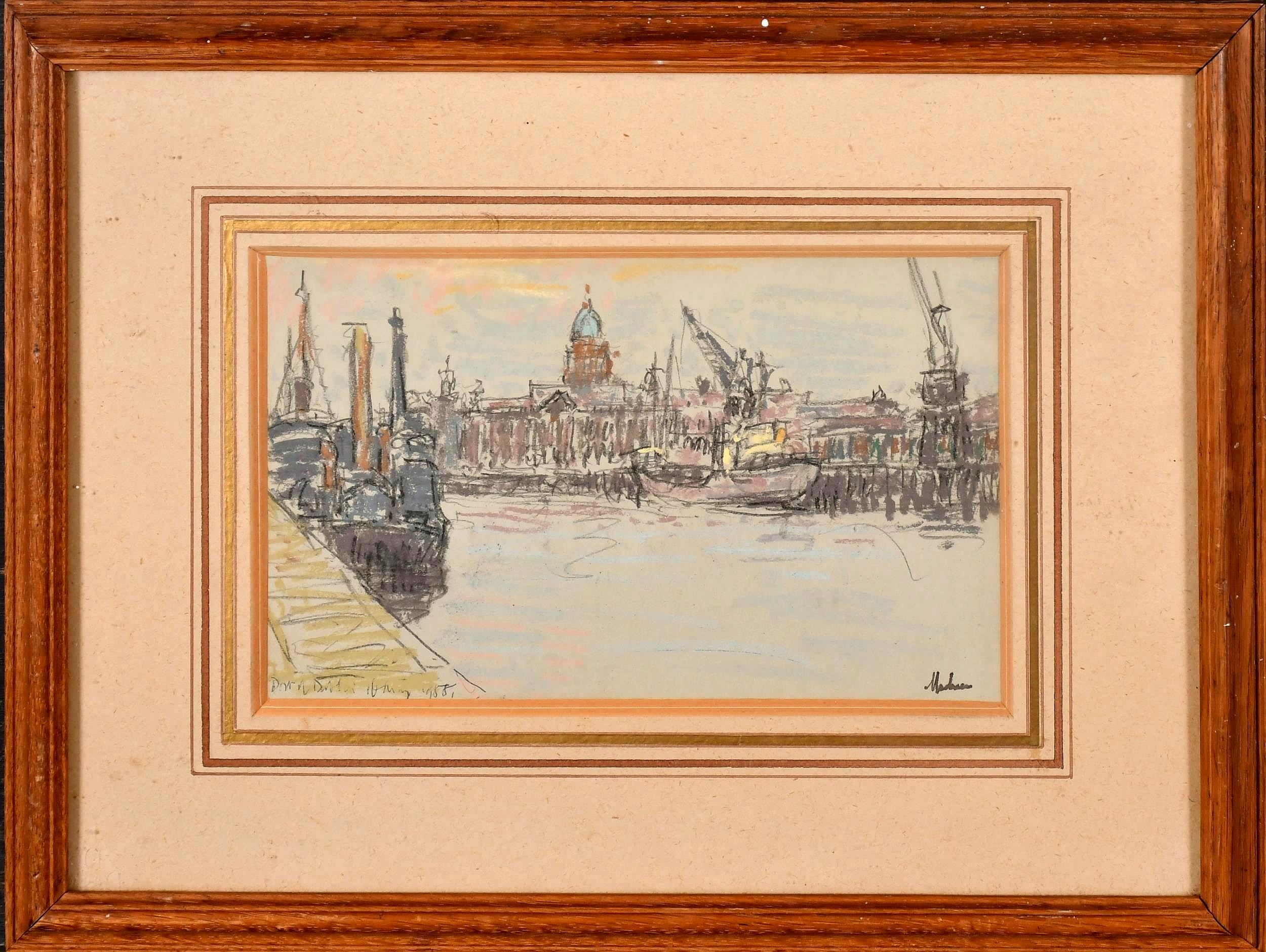 Landscape Art di Lord Paul Ayshford Methuen - Porto di Dublino -  Pittura di città a pastello English Impressionist della metà del XX secolo