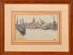 Port de Dublin -  Peinture de ville au pastel English Impressionist du milieu du 20e siècle