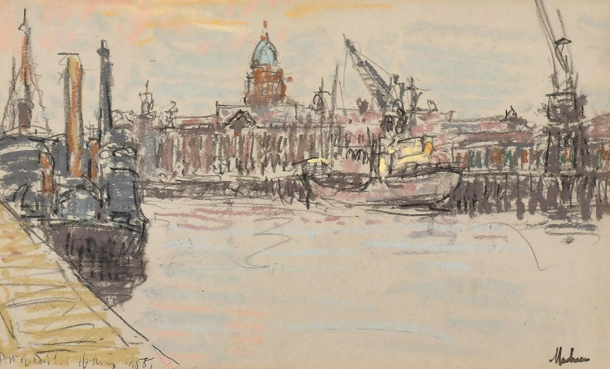 Porto di Dublino -  Pittura di città a pastello English Impressionist della metà del XX secolo - Art di Lord Paul Ayshford Methuen