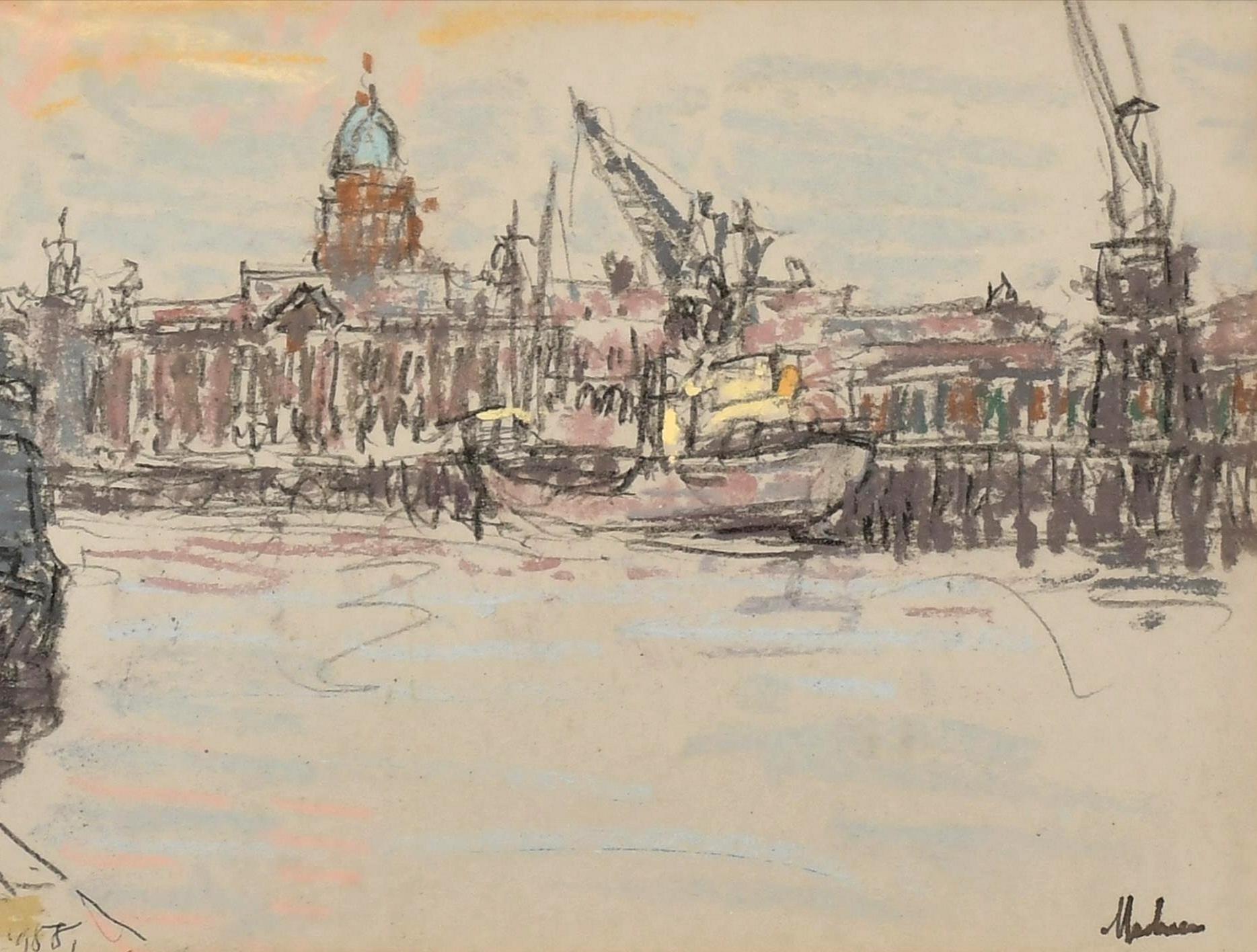 Porto di Dublino -  Pittura di città a pastello English Impressionist della metà del XX secolo - Art Impressionismo di Lord Paul Ayshford Methuen