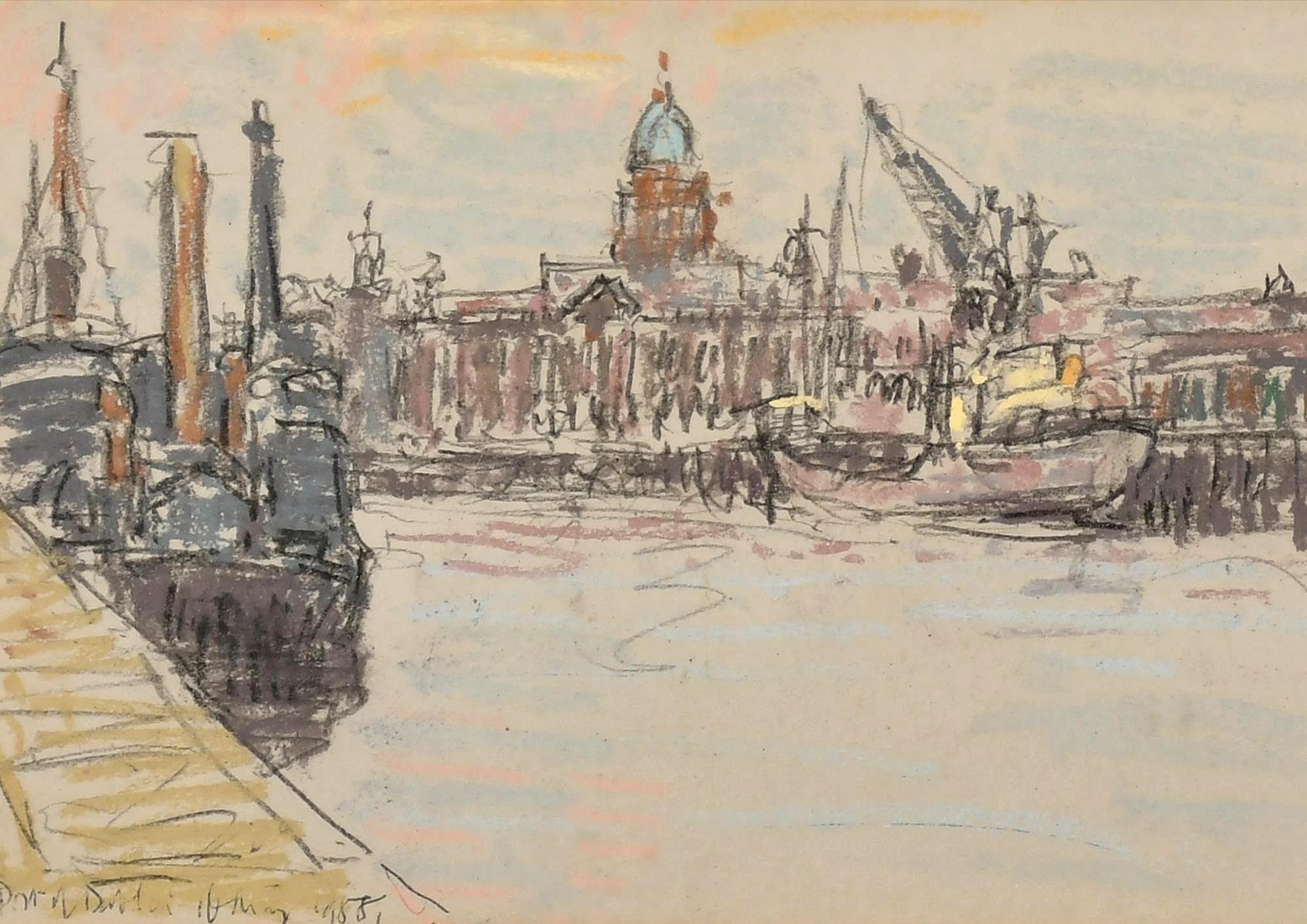 Porto di Dublino -  Pittura di città a pastello English Impressionist della metà del XX secolo - Landscape Art Beige di Lord Paul Ayshford Methuen