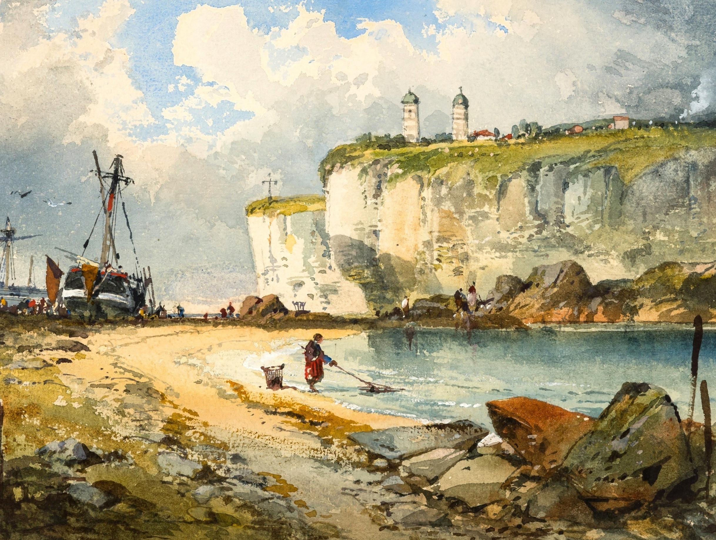 Une vue à Brest - Belle peinture ancienne de paysage côtier français du 19ème siècle - Beige Landscape Art par Richard Principal Leitch