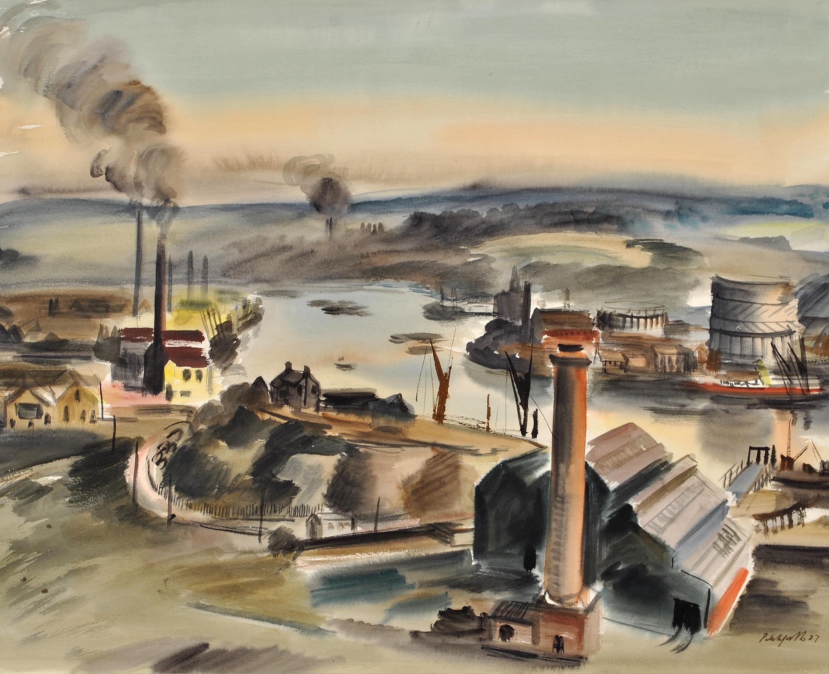Il Medway, Rochester - Grande dipinto ad acquerello di un paesaggio britannico moderno del Kent - Art di Roland Vivian Pitchforth, RA, ARWS