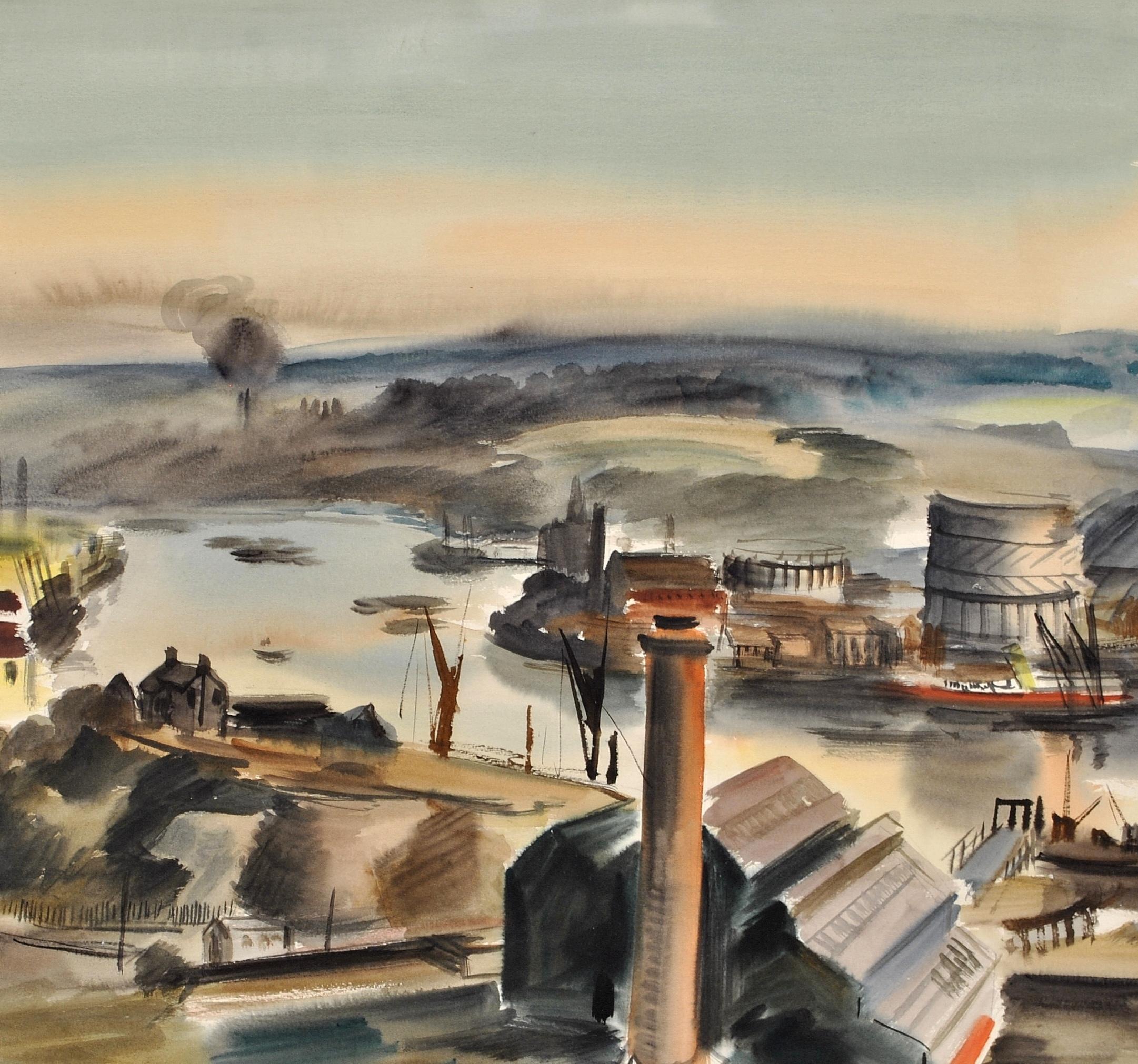 Il Medway, Rochester - Grande dipinto ad acquerello di un paesaggio britannico moderno del Kent - Art Moderno di Roland Vivian Pitchforth, RA, ARWS
