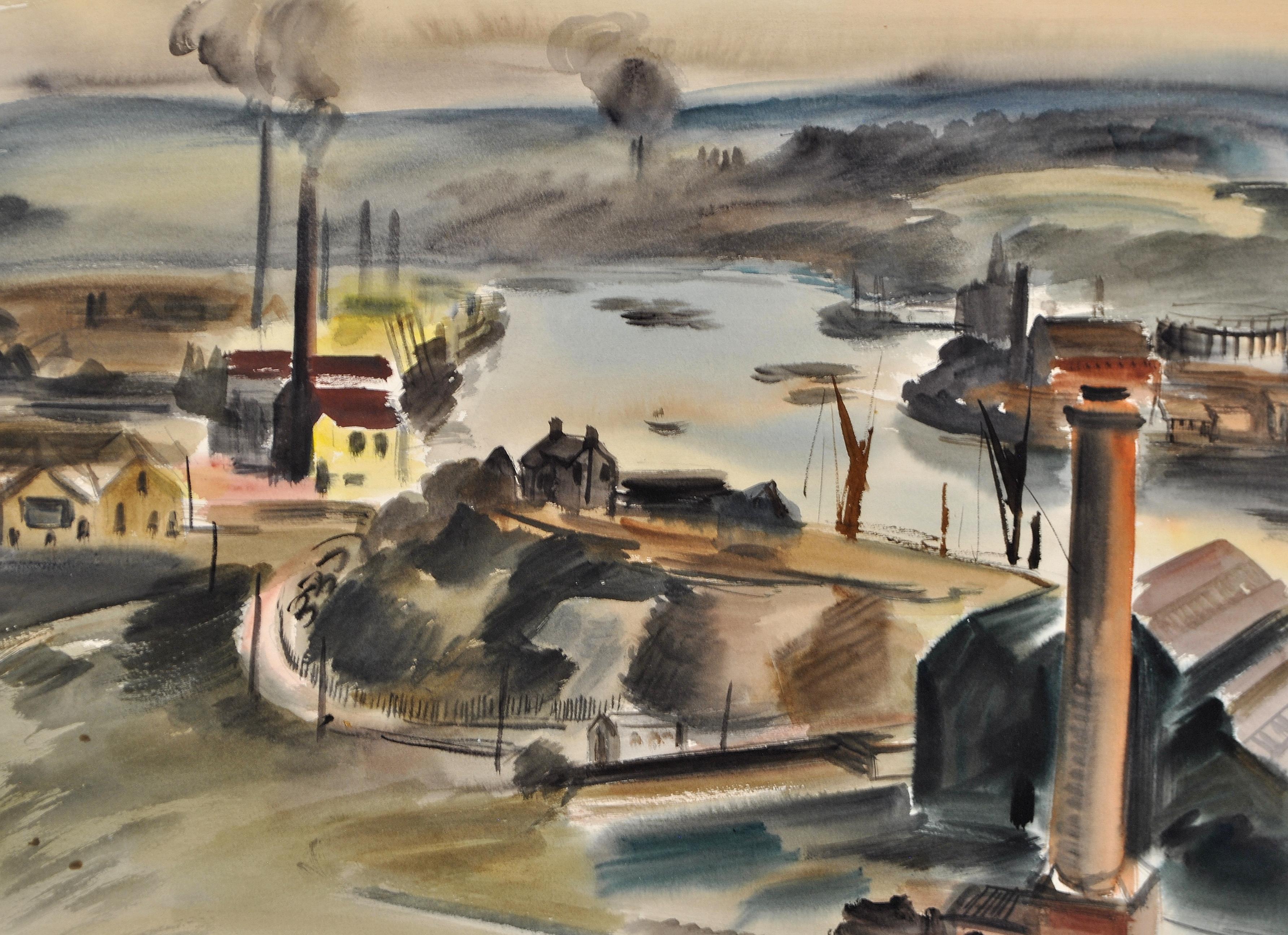 Un bellissimo acquerello firmato e datato 1937 di Roland Vivian Pitchforth RA che raffigura il fiume Medway a Rochester nel Kent. 

Una bella qualità e un'importante veduta di Rochester prima della guerra, opera di questo importante pittore Modern