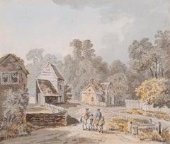 Cavaliers dans un paysage - Dessin à l'aquarelle de vieux maître anglais du XVIIIe siècle