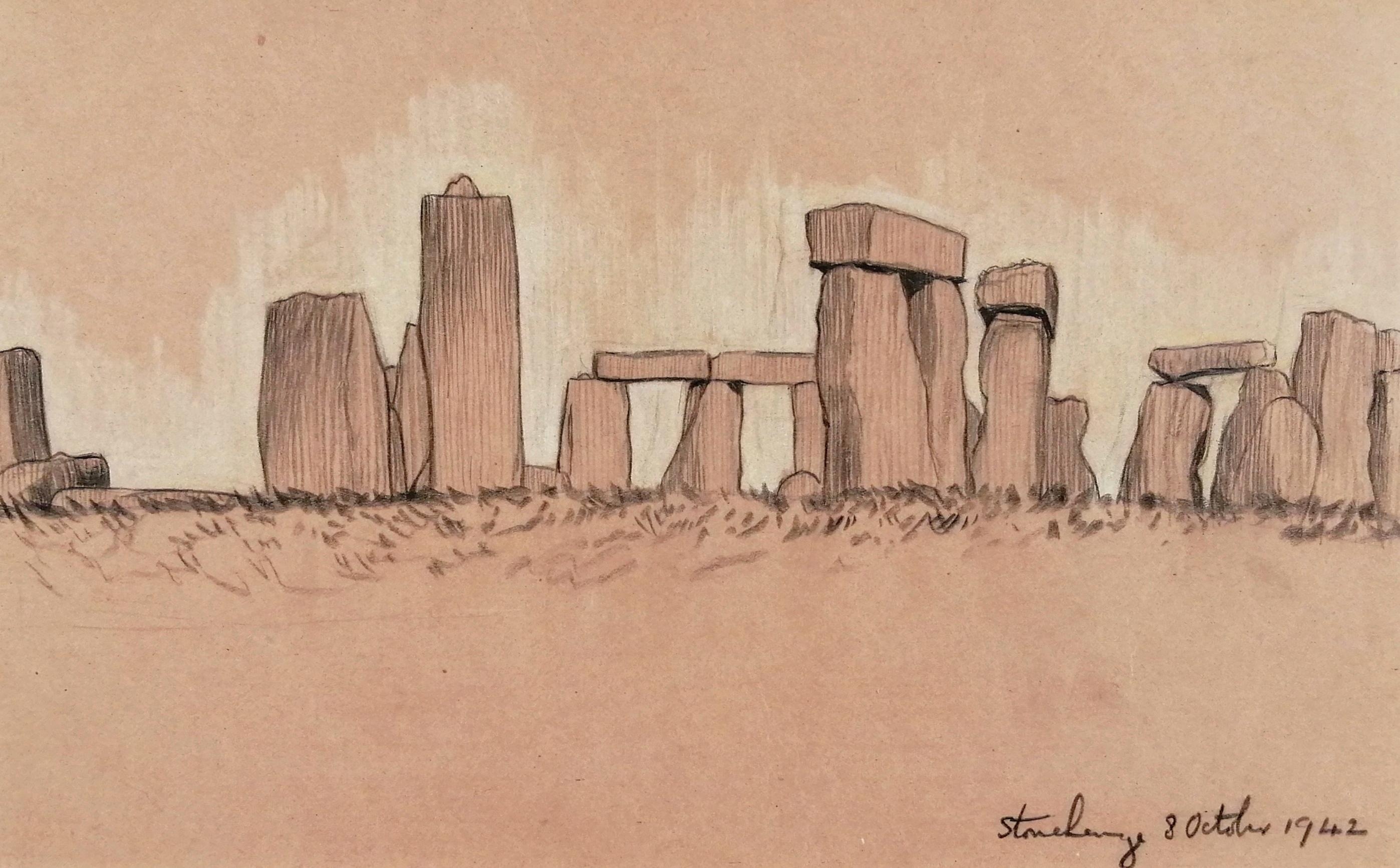 Stonehenge - Mid 20th Century Modern British Landscape Charcoal Drawing - Art by Vivian Bewick