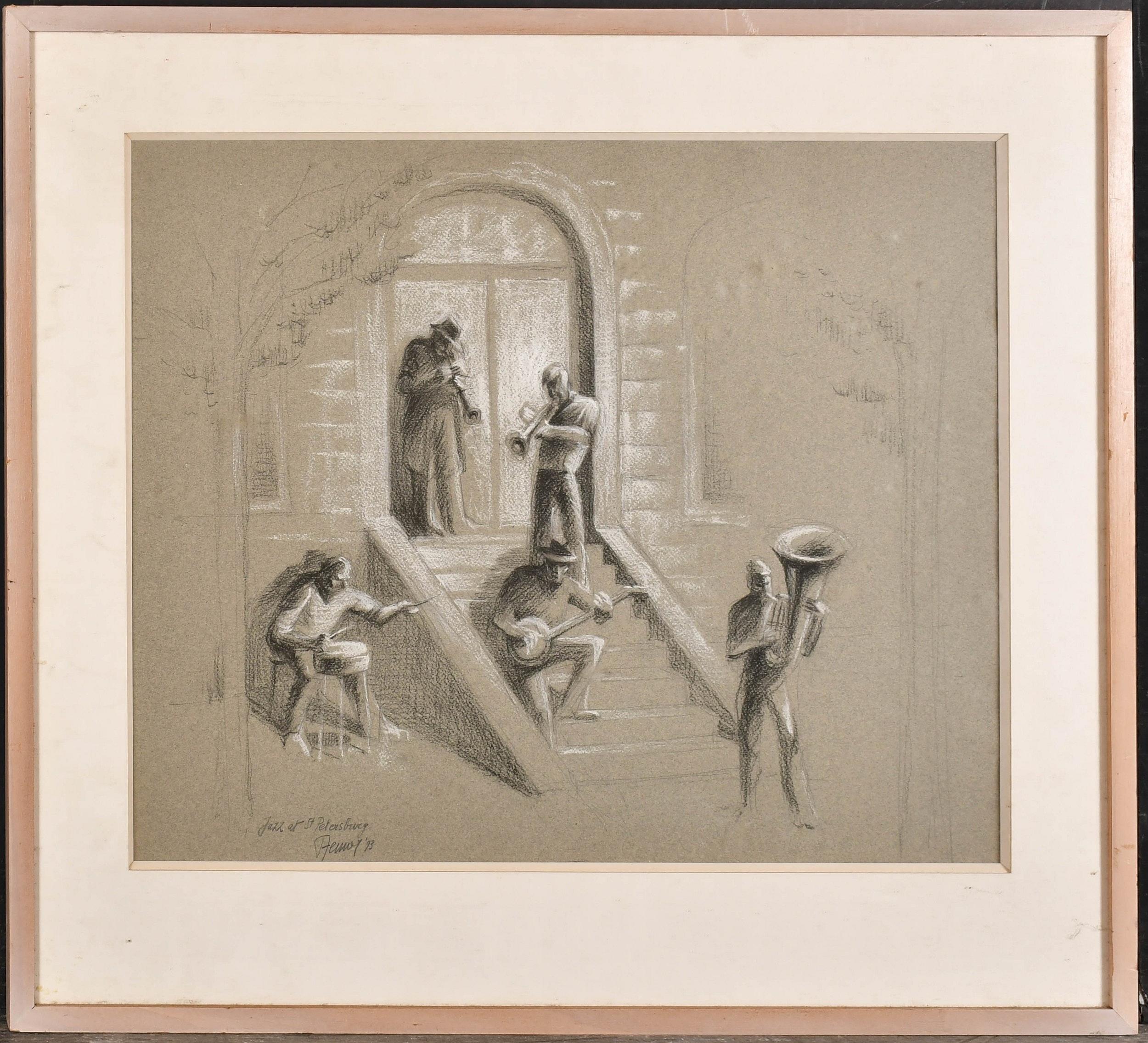 Jazz at St. Petersburg - 20th Century Charcoal Figurative Music Drawing Painting