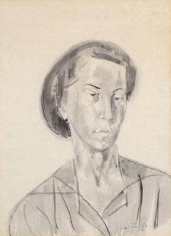Portrait of a Lady - Mid 20th Century Vintage French Signed Charcoal Drawing