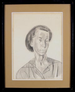 Portrait of a Lady - Mid 20th Century Vintage French Signed Charcoal Drawing