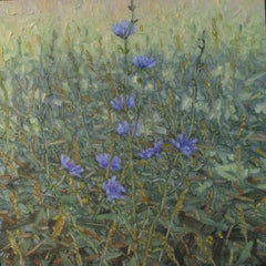 Aspiration, Small Square Botanical Landscape with Purple Flowers in Field