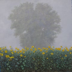 Visibility, Square Botanical Landscape Painting of Sunflowers and Tree in Fog
