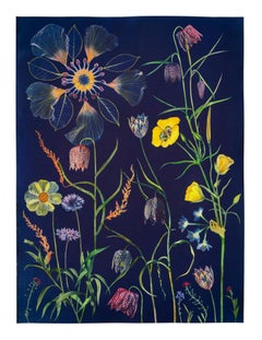 Cyanotype Painting Fritillarias, Cosmos, Buttercup, Botanical Painting on Blue