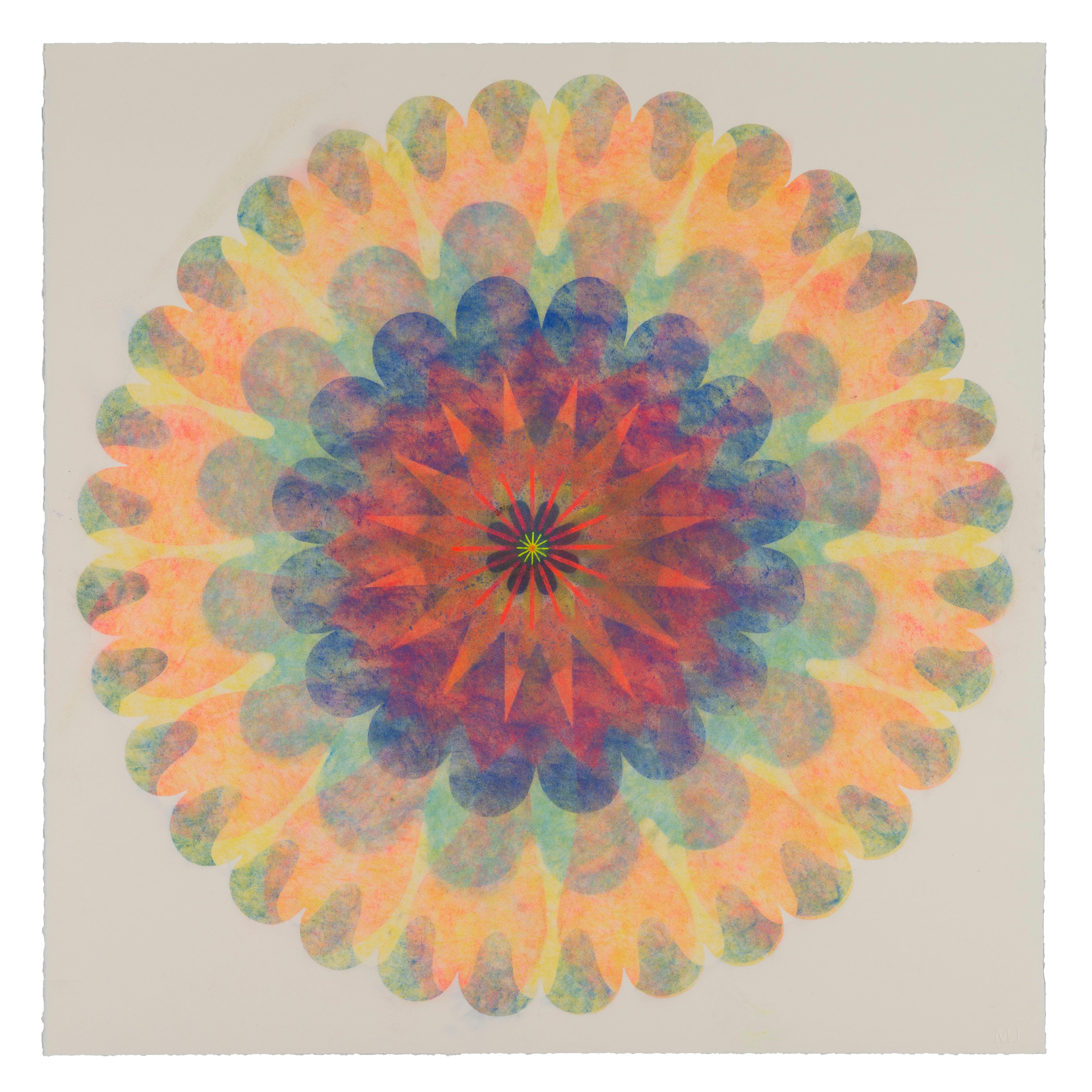 Mary Judge Abstract Drawing - Poptic 19, Flower Mandala, Light Yellow, Pink, Orange, Navy, Red