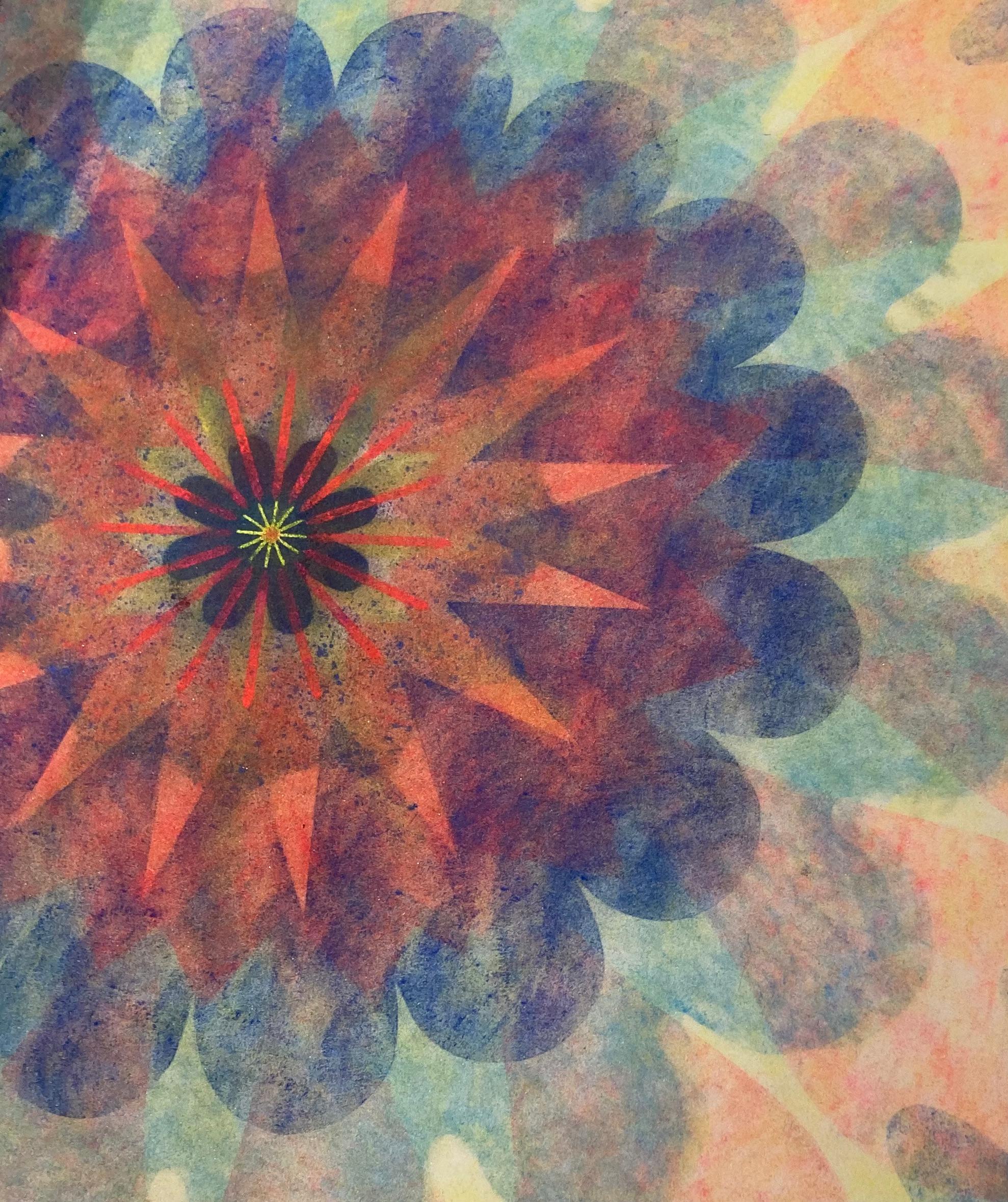 Poptic 19, Flower Mandala, Light Yellow, Pink, Orange, Navy, Red - Art by Mary Judge