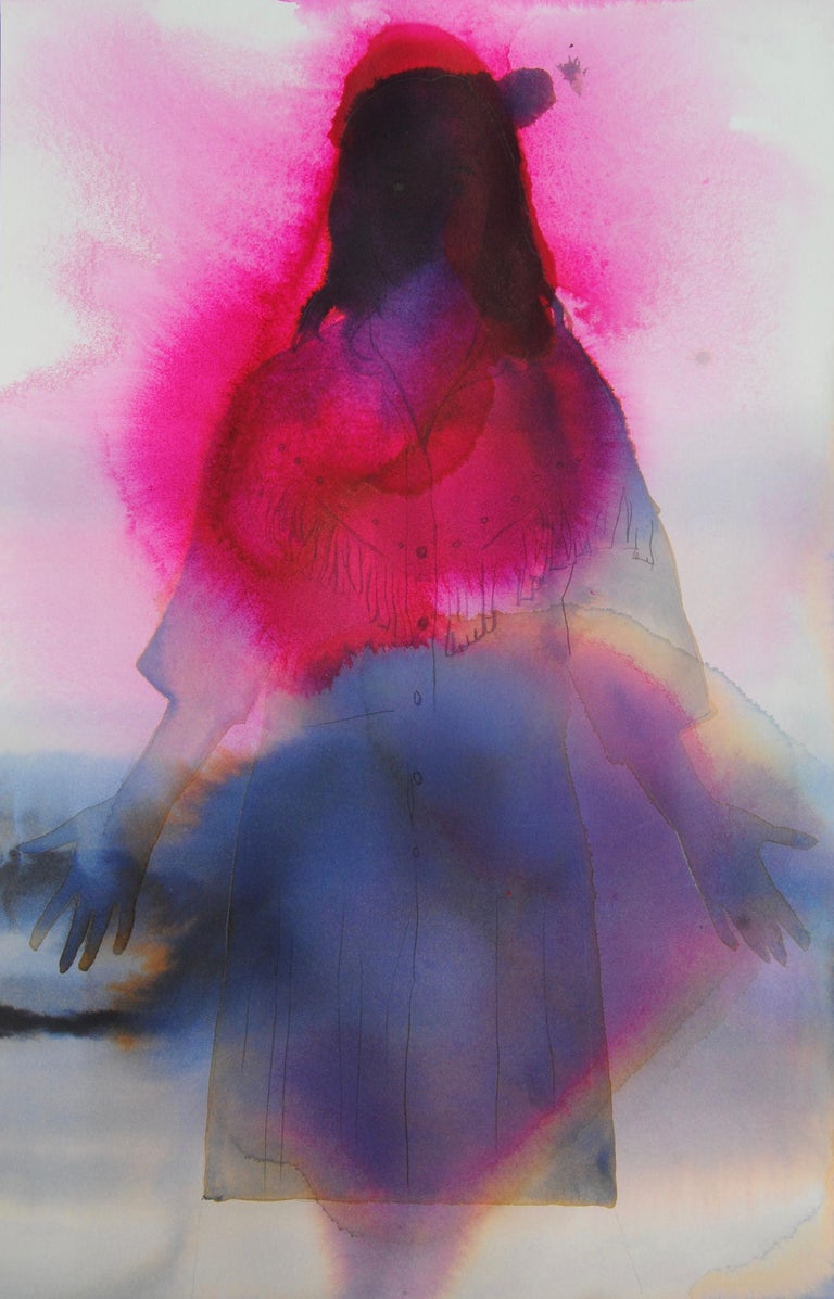 June Glasson Figurative Art - Untitled, Western Female Figure, Portrait in Bright Pink, Violet, Lilac Blue
