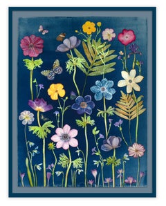 Cyanotype Painting Anemones, Ferns, Snowdrops, Pollinators, Botanical on Blue