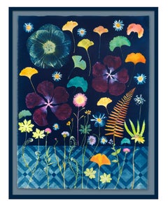 Nocturnal Nature, Botanical, Floor, Gingko, Bright Flowers on Dark Blue, Pattern