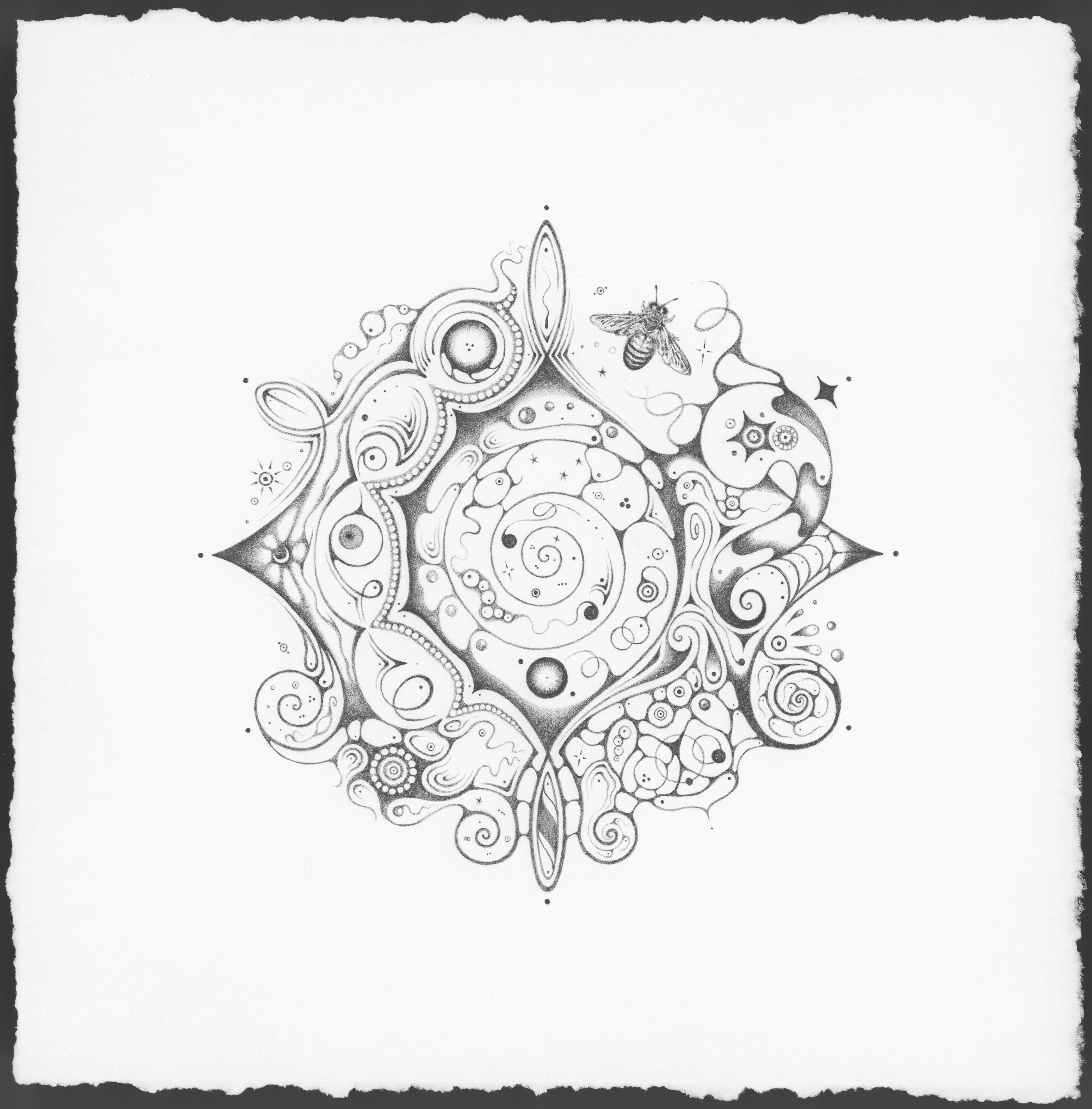 Michiyo Ihara Abstract Drawing - Snowflakes 140 Cosmopolitan, Mandala Pencil Drawing, Crescent Moon, Bumble Bee