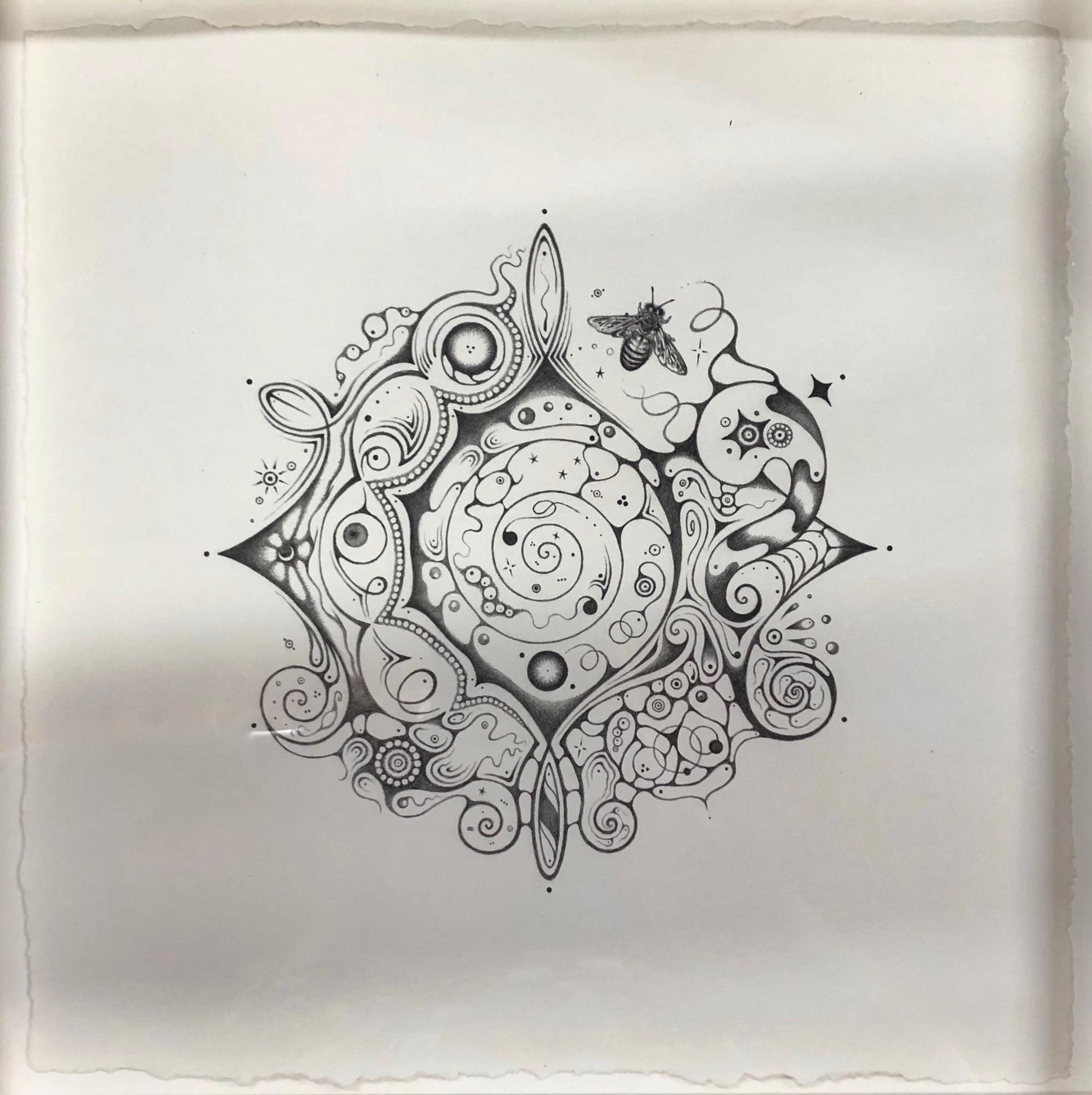 Schneeflocken 140 Cosmopolitan, Mandala-Bleistiftzeichnung, Halbmond, Hummel (Zeitgenössisch), Art, von Michiyo Ihara