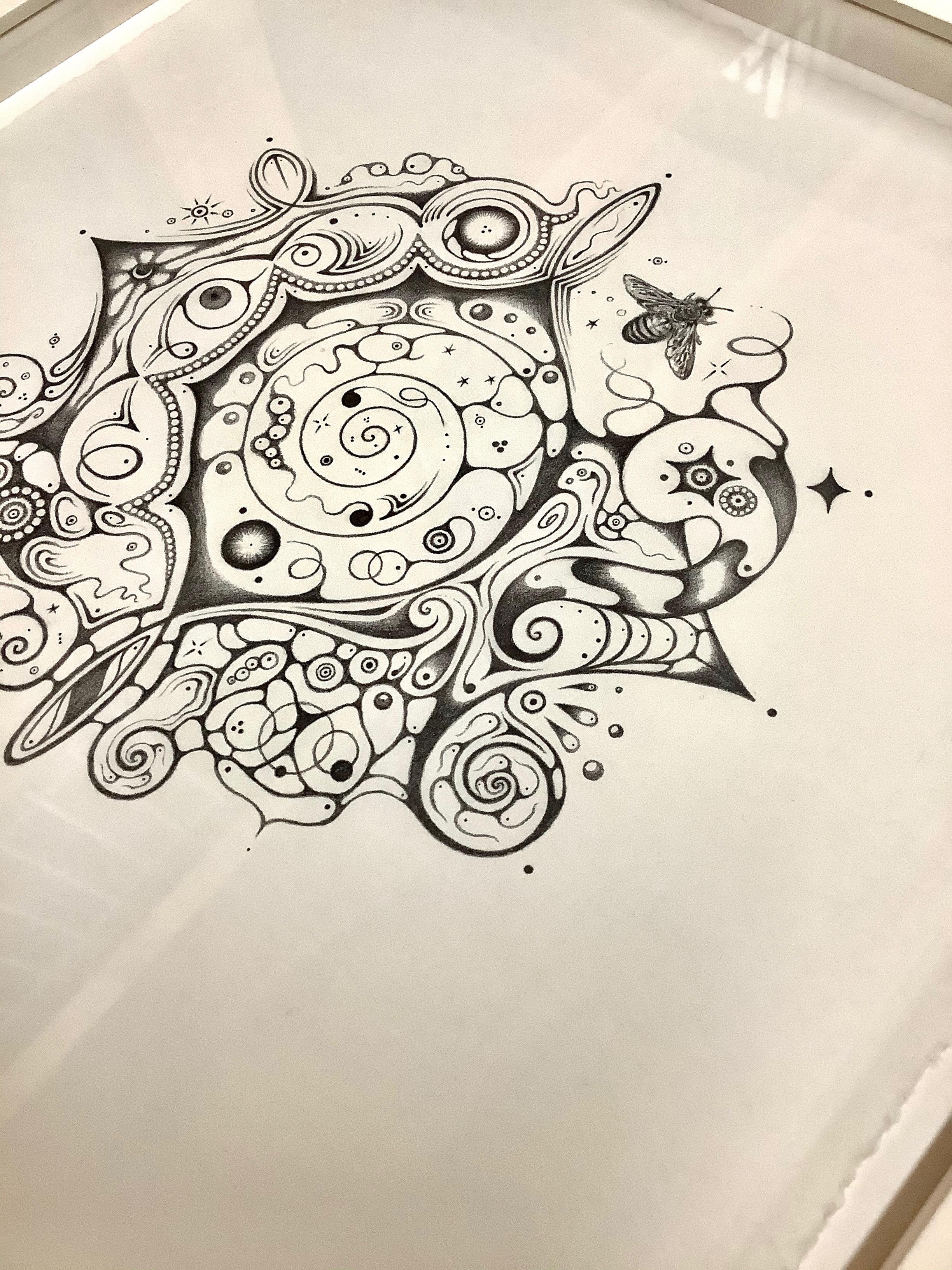 Snowflakes 140 Cosmopolitan, Mandala Pencil Drawing, Crescent Moon, Bumble Bee - Contemporary Art by Michiyo Ihara