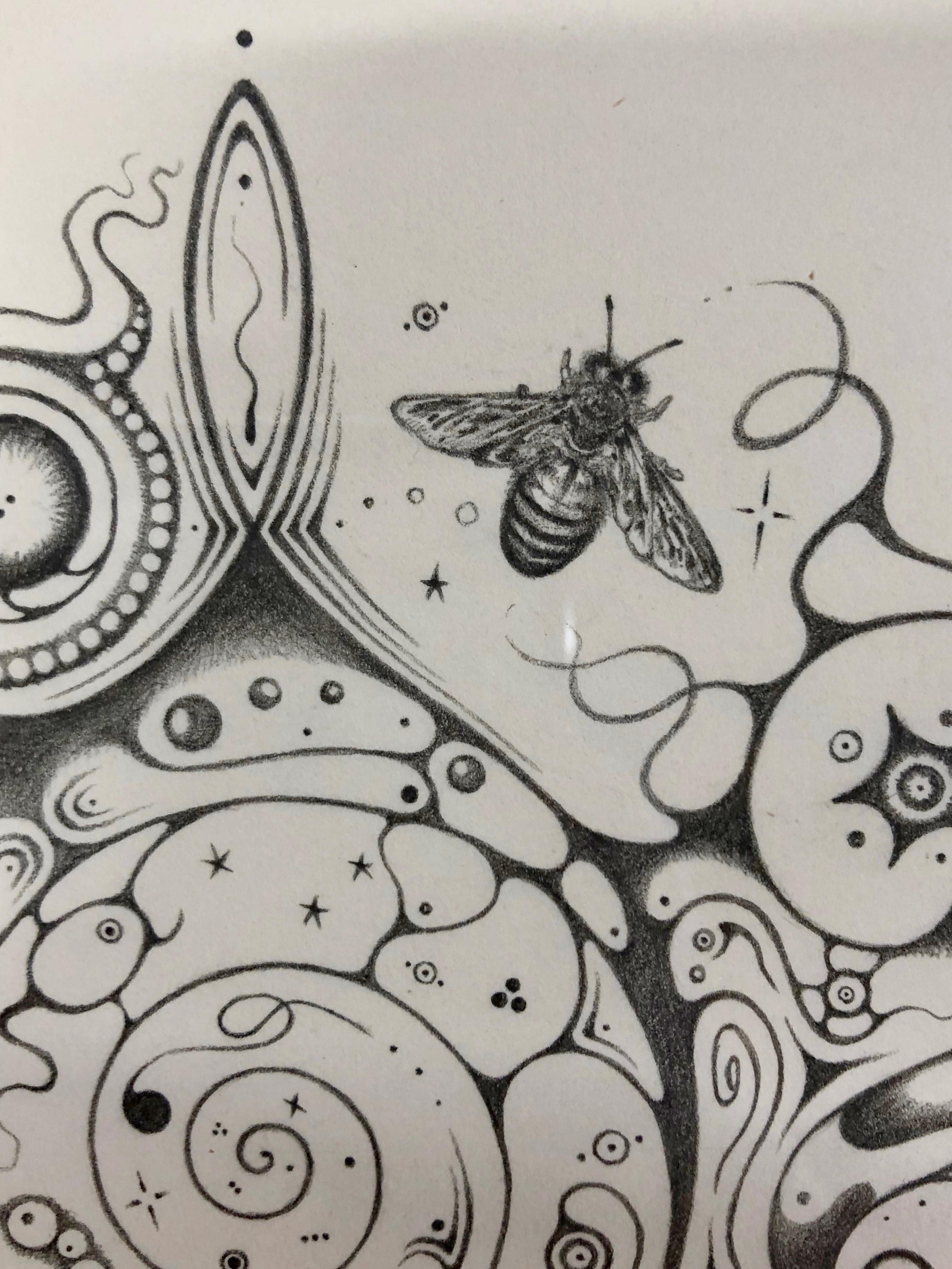 Snowflakes 140 Cosmopolitan, Mandala Pencil Drawing, Crescent Moon, Bumble Bee - Gray Abstract Drawing by Michiyo Ihara