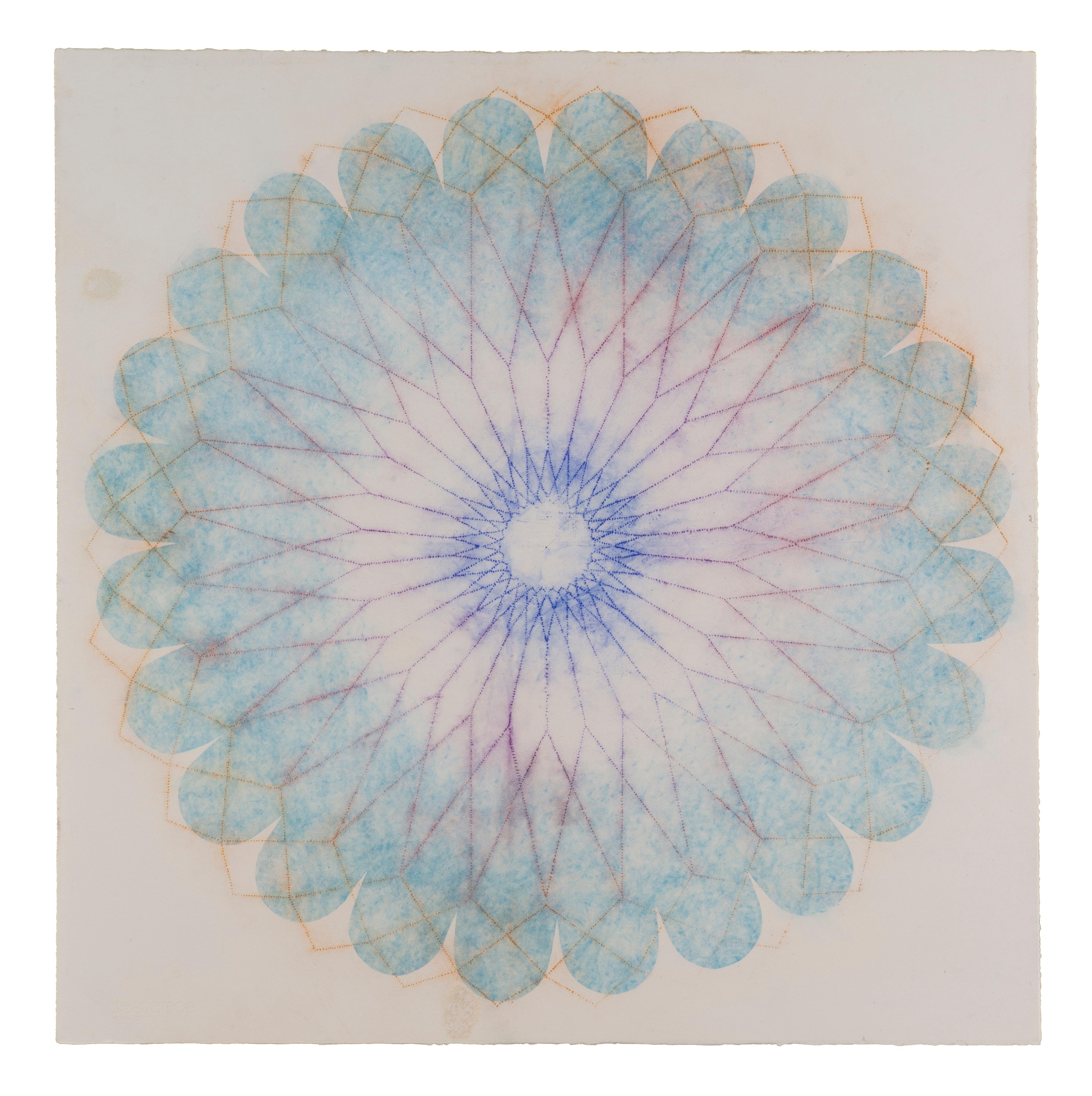 Mary Judge Abstract Drawing - Primavera Pop Two, Geometric Flower Mandala, Light Blue, Cobalt, Yellow, Violet