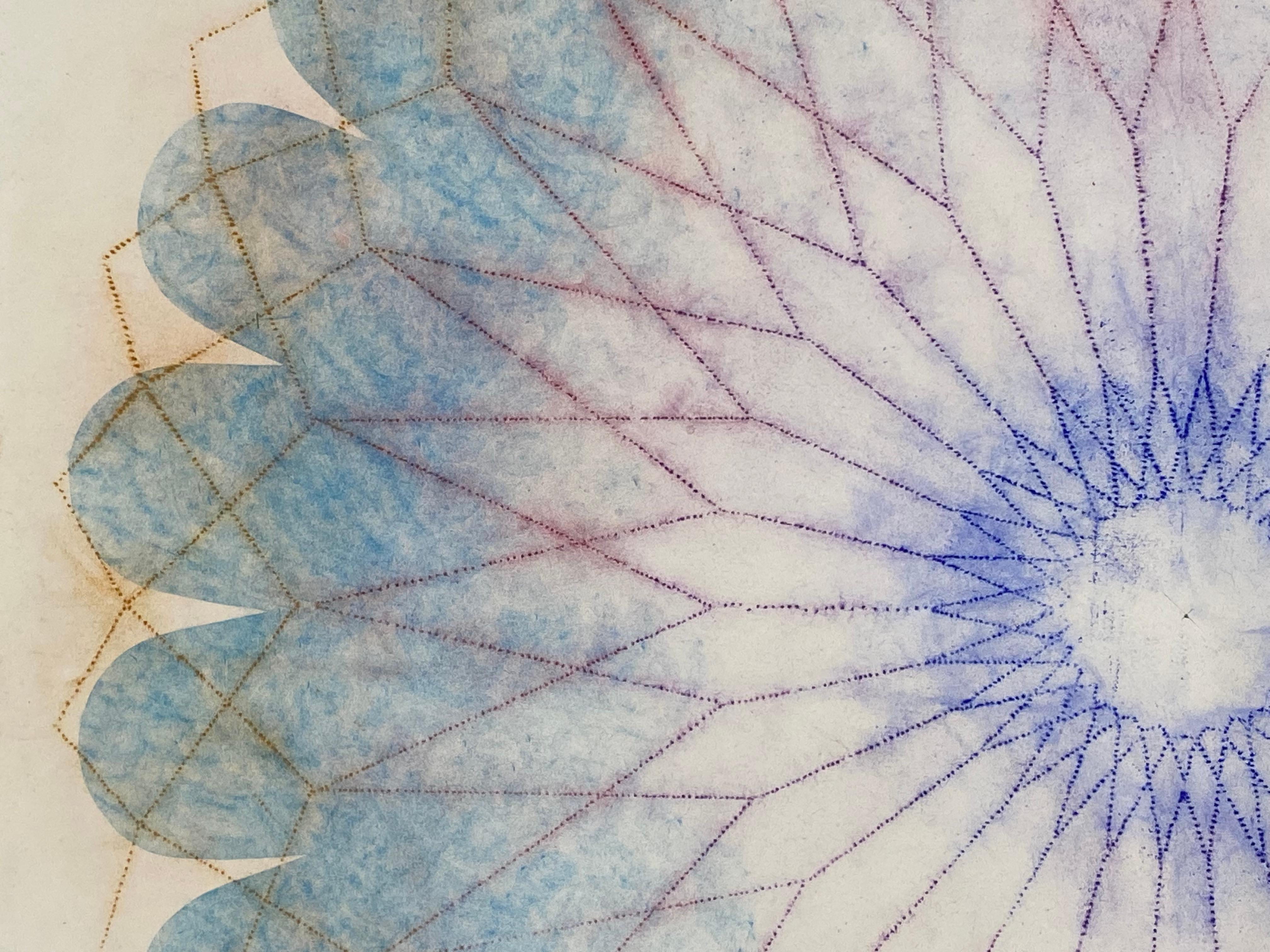Primavera Pop Two, Geometric Flower Mandala, Light Blue, Cobalt, Yellow, Violet - Contemporary Art by Mary Judge