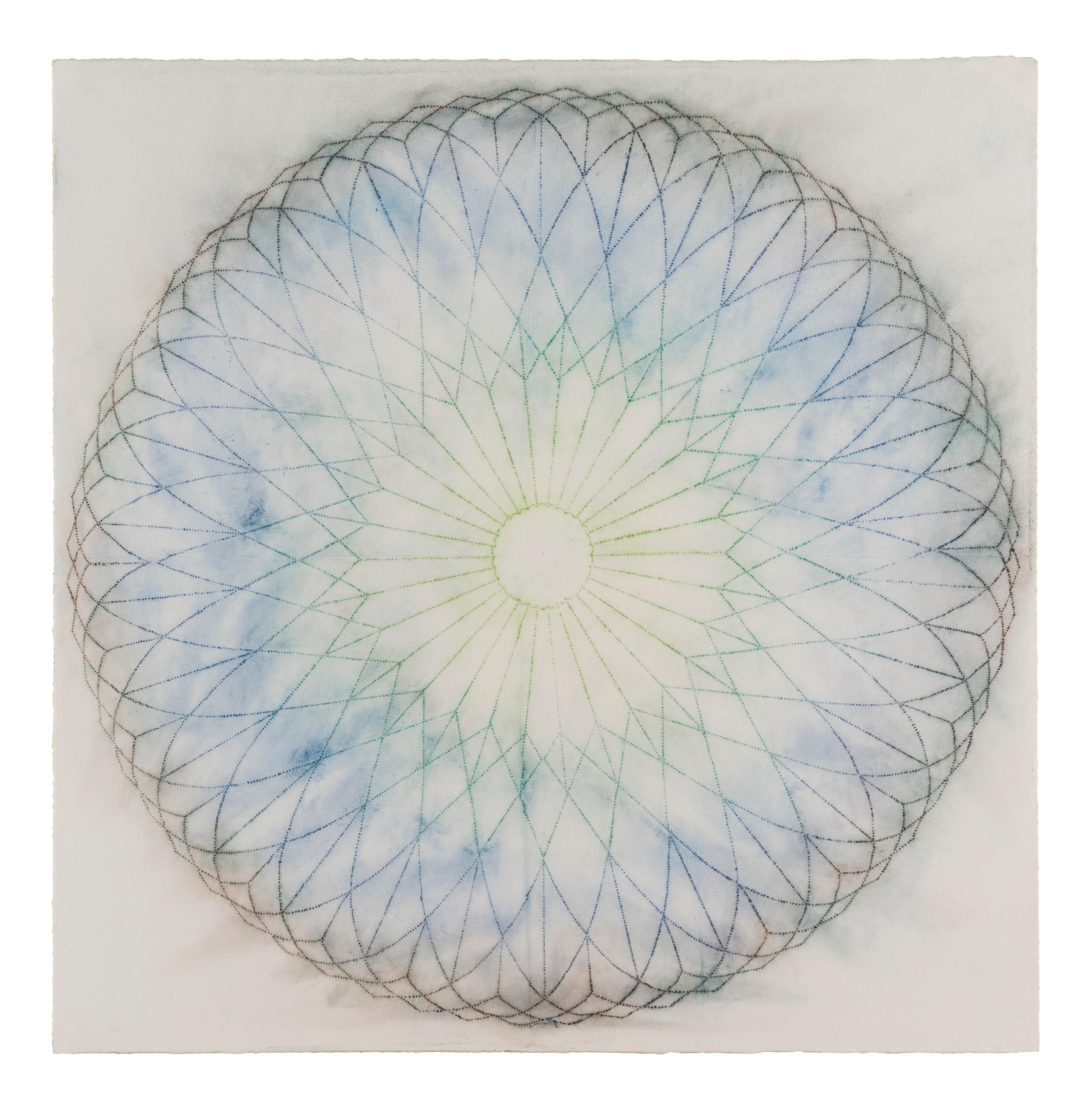 Mary Judge Abstract Drawing - Primavera Pop One, Geometric Flower Mandala, Cobalt Blue, Charcoal, Teal, Green