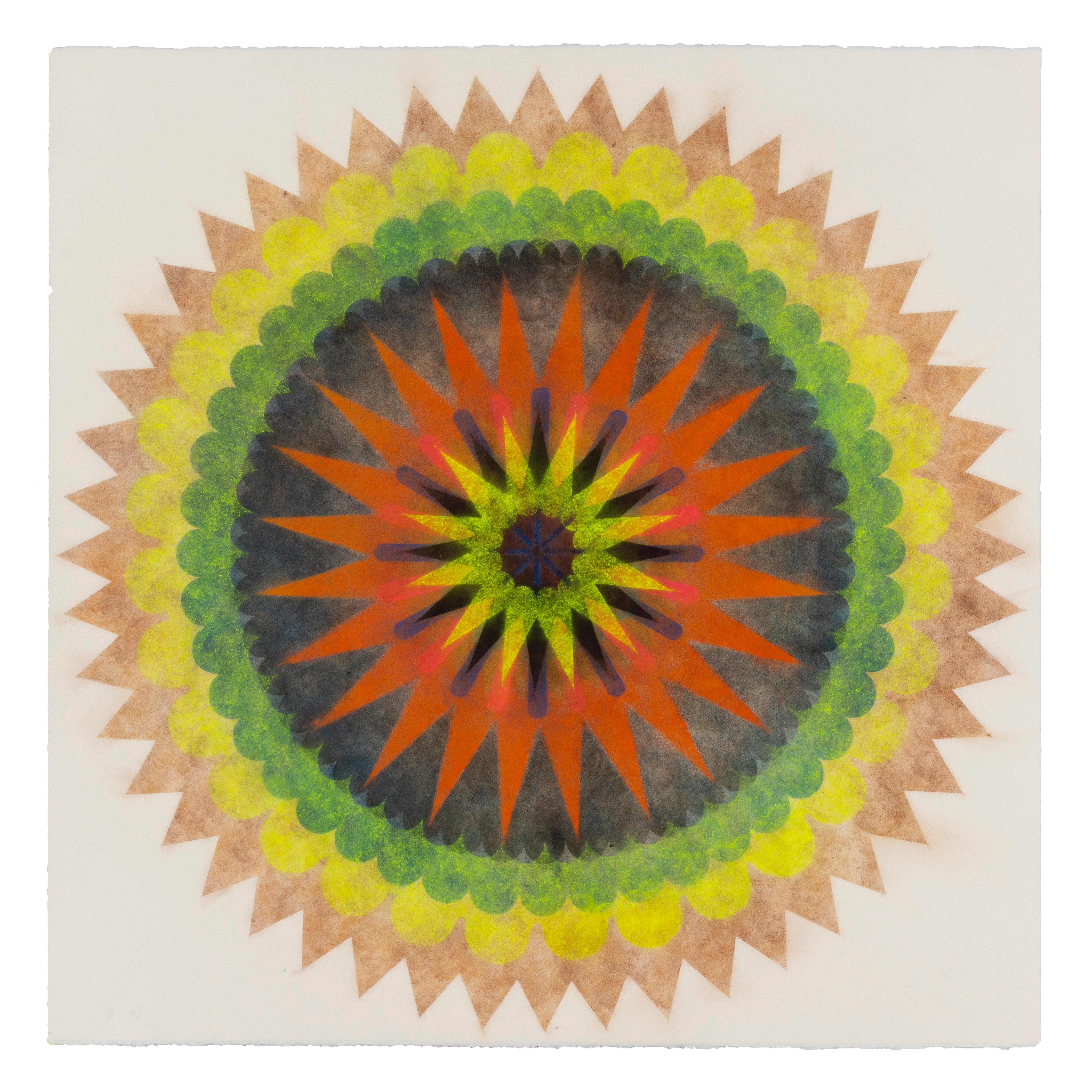Mary Judge Abstract Drawing - Poptic Five, Flower Mandala, Yellow, Green, Red Orange, Navy Blue