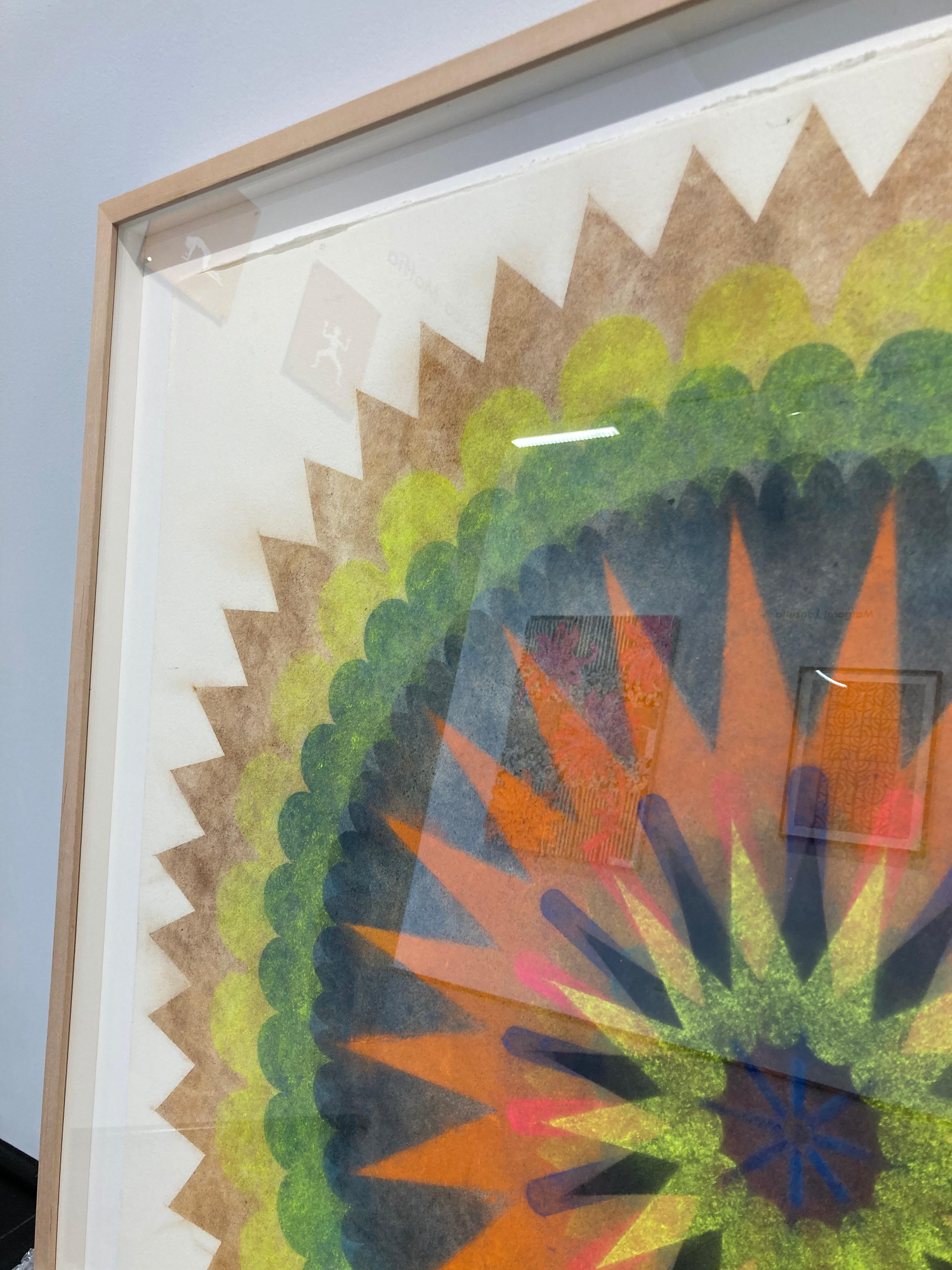 Poptic Five, Flower Mandala, Yellow, Green, Red Orange, Navy Blue - Contemporary Art by Mary Judge