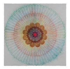 Primavera Pop 19, Geometric Flower Mandala, Teal Blue, Orange Yellow, Brown, Red