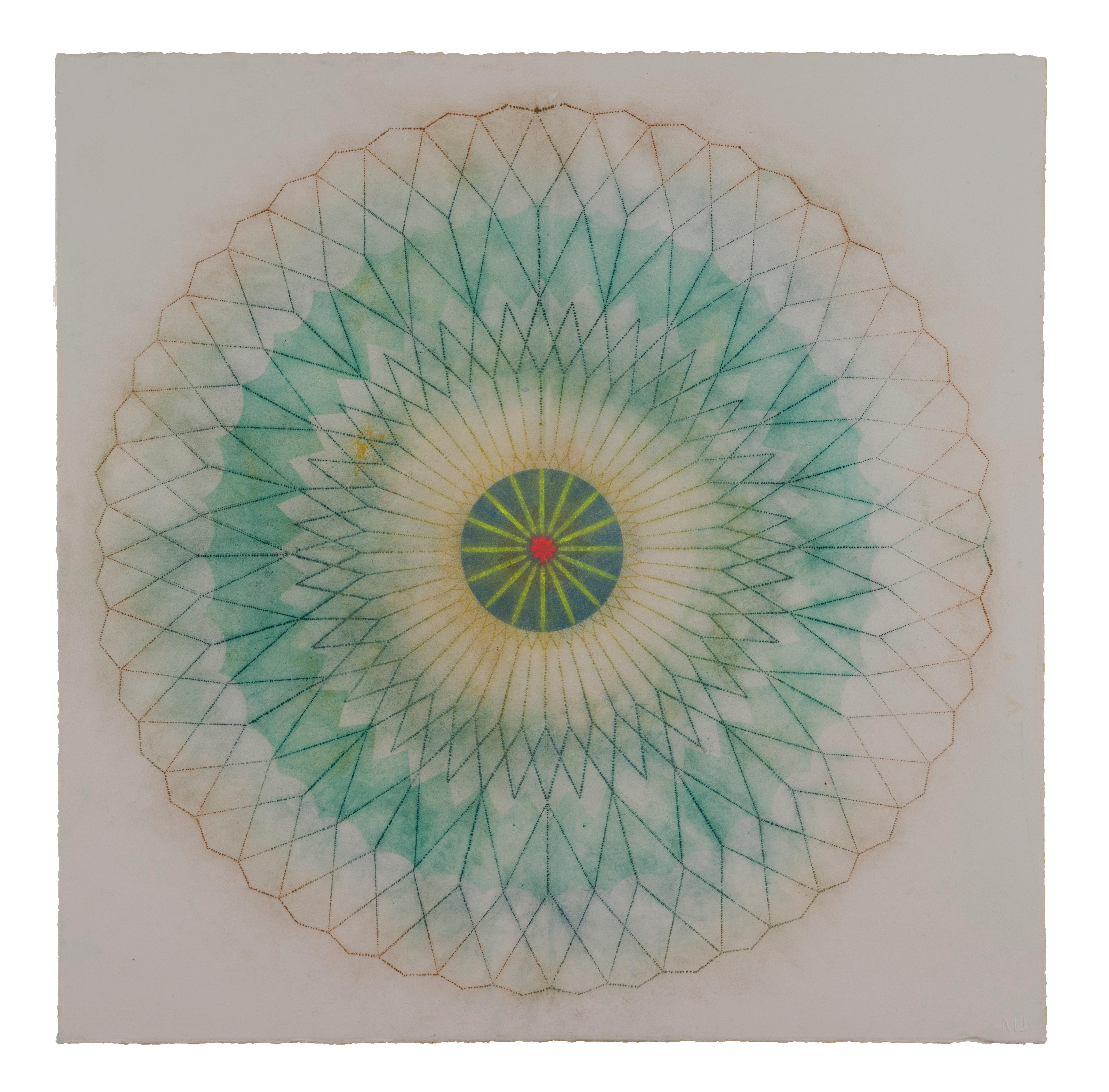 Mary Judge Abstract Drawing - Primavera Pop 21, Geometric Flower Mandala, Teal Green, Dark Orange, Yellow, Red