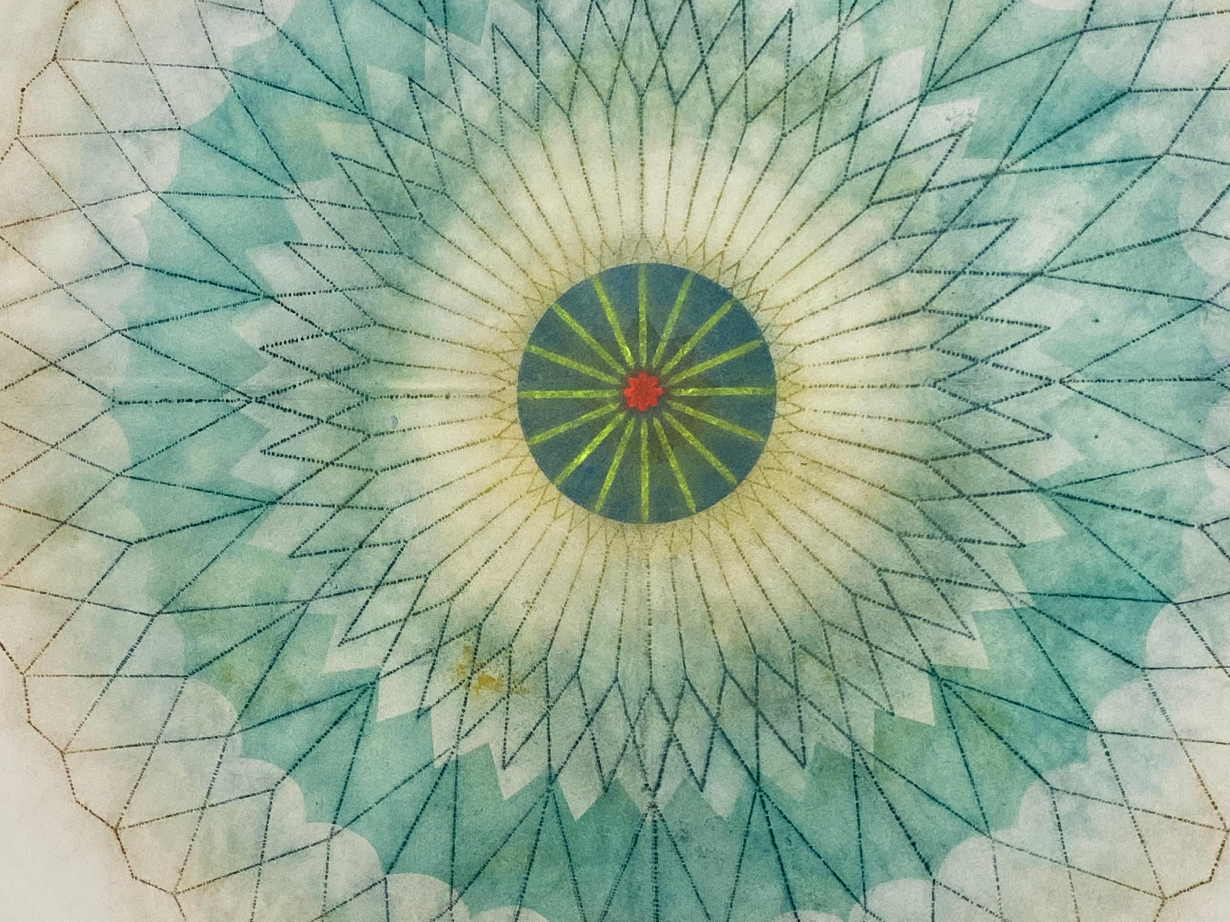 Primavera Pop 21, Geometric Flower Mandala, Teal Green, Dark Orange, Yellow, Red - Blue Abstract Drawing by Mary Judge