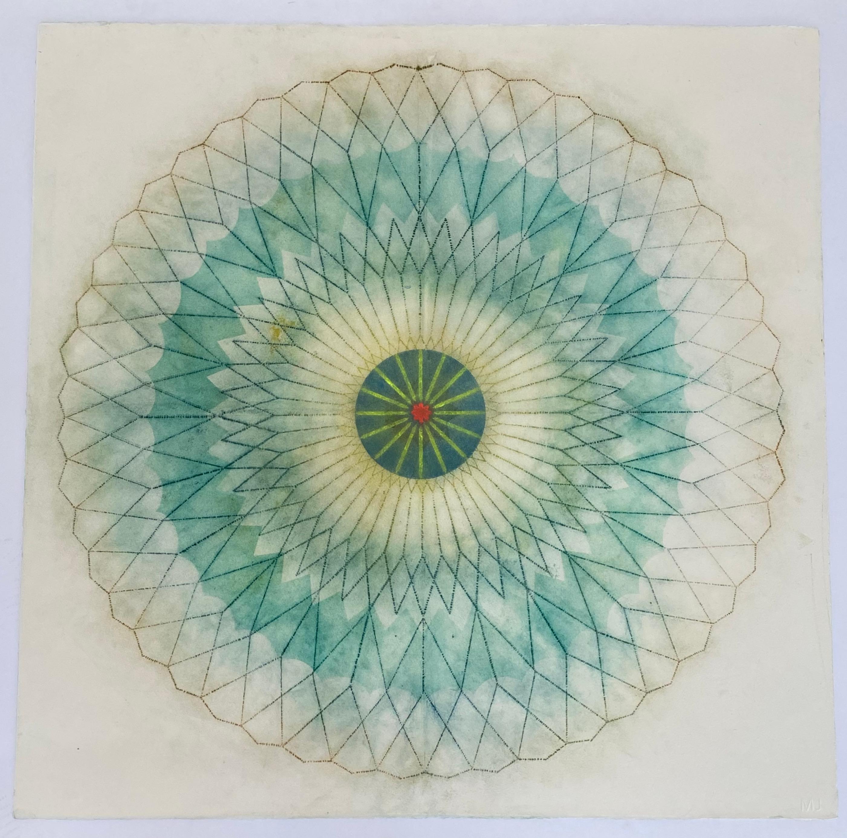 Primavera Pop 21, Geometric Flower Mandala, Teal Green, Dark Orange, Yellow, Red - Art by Mary Judge