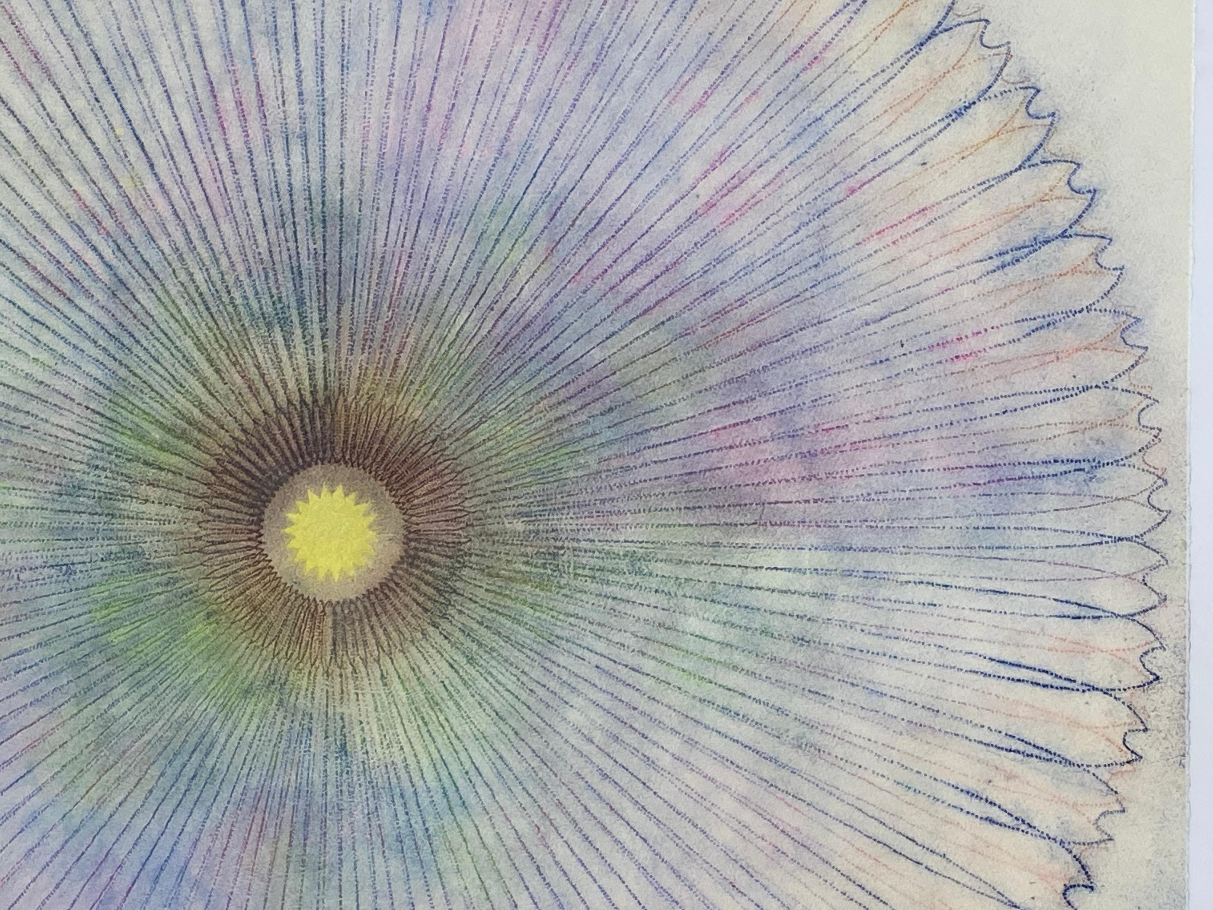 Primavera Pop 23, Geometric Flower Mandala, Purple, Violet, Brown, Yellow - Gray Abstract Drawing by Mary Judge