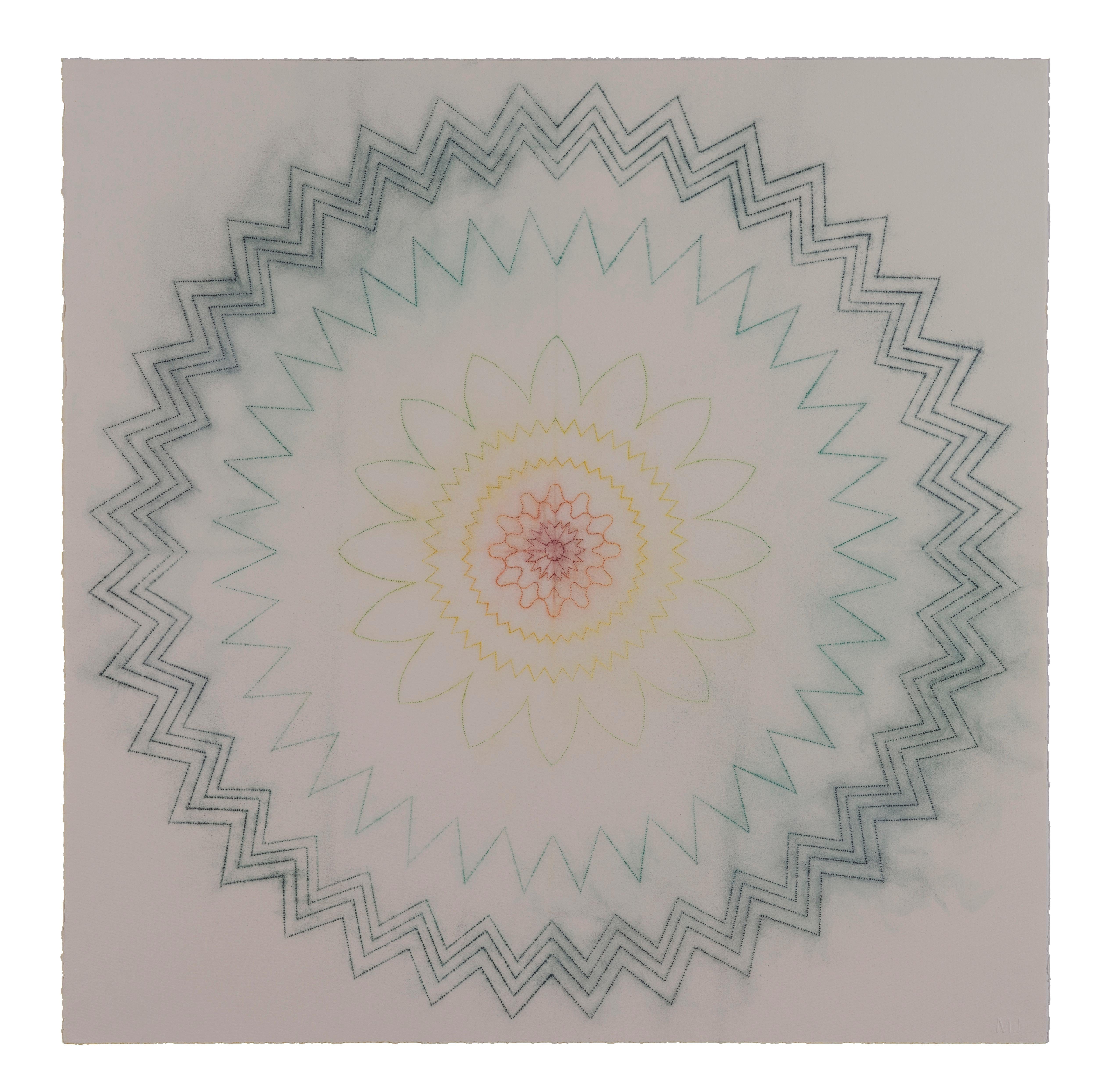 Mary Judge Abstract Drawing - Primavera Pop 17, Geometric Flower Mandala, Hunter Green, Orange, Yellow, Red