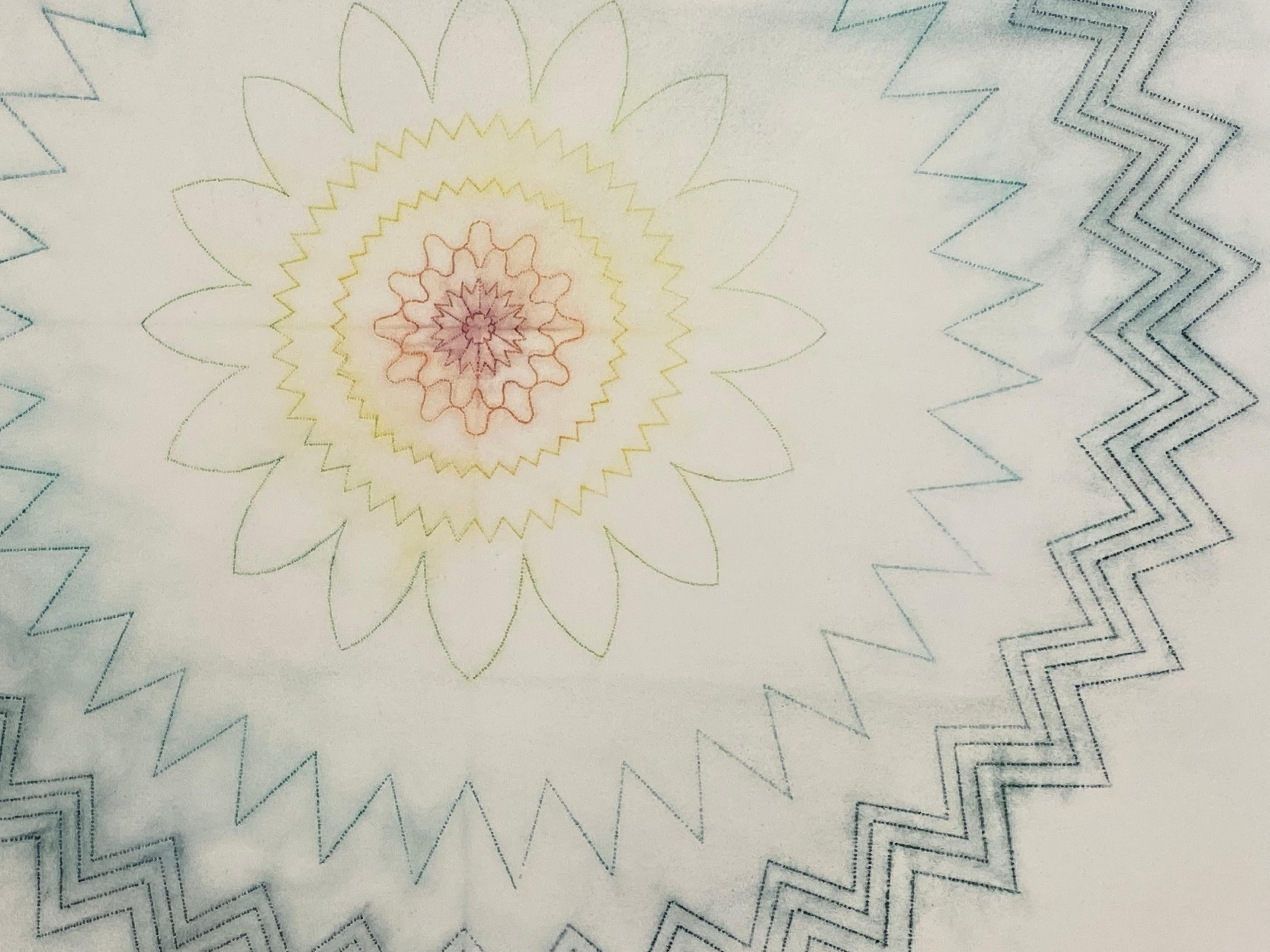 Primavera Pop 17, Geometric Flower Mandala, Hunter Green, Orange, Yellow, Red - Gray Abstract Drawing by Mary Judge