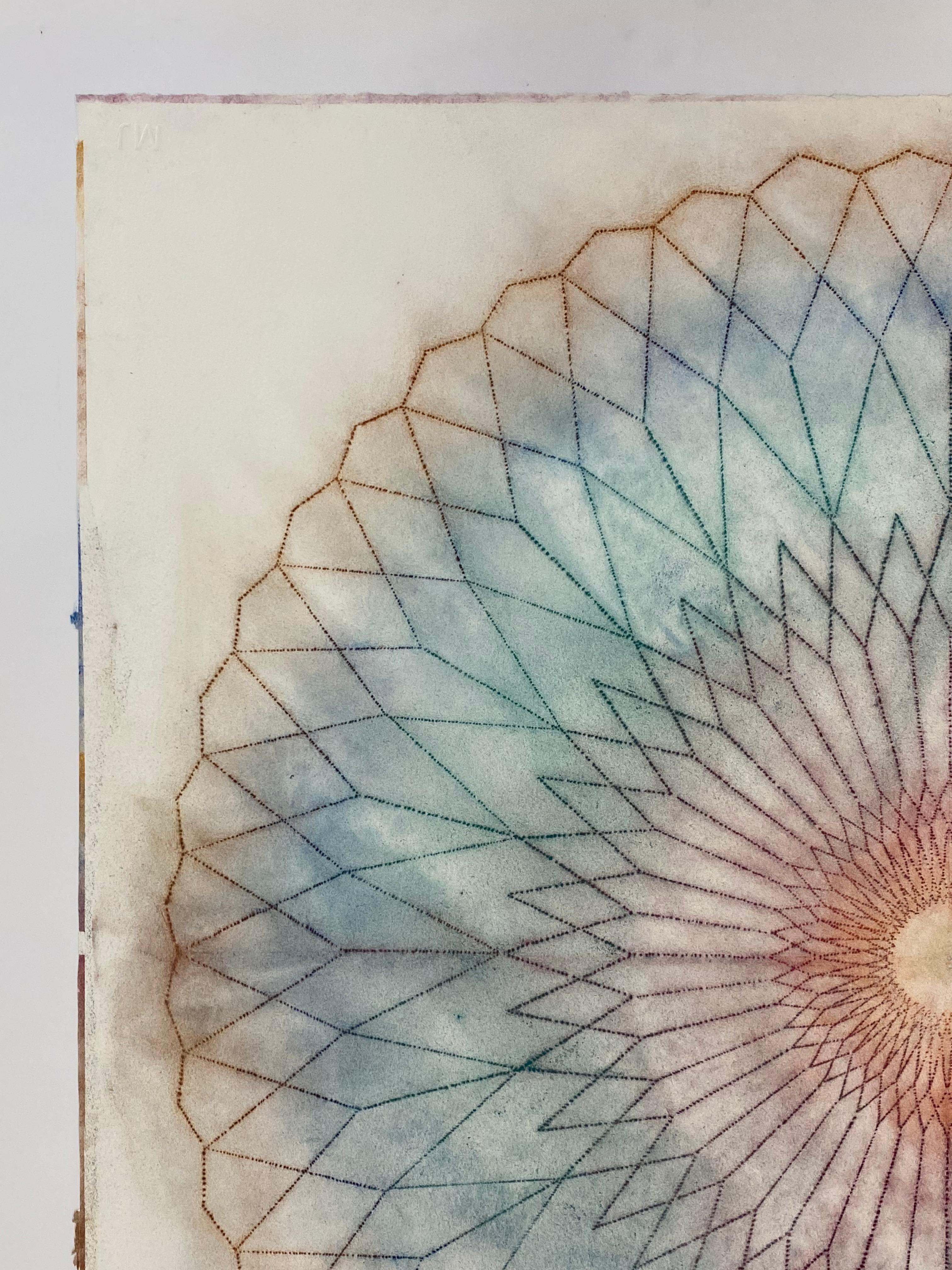 Geometrische Blumen Mandala von Primavera Pop 15, Blau, Dunkelgrn, Orange, Rot – Art von Mary Judge