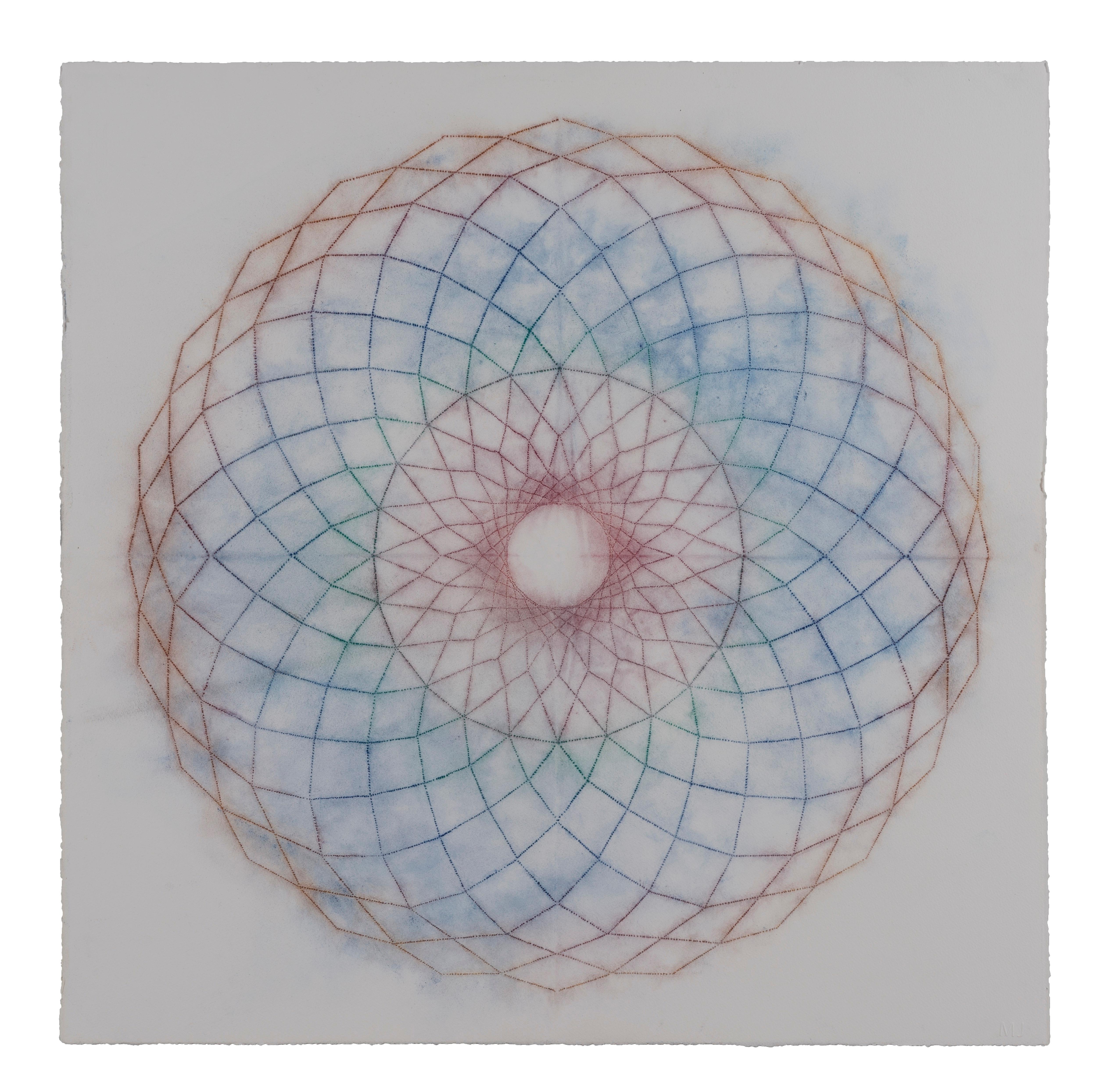 Mary Judge Abstract Drawing - Primavera Pop 16, Geometric Flower Mandala, Navy Blue, Cobalt, Green, Dark Red
