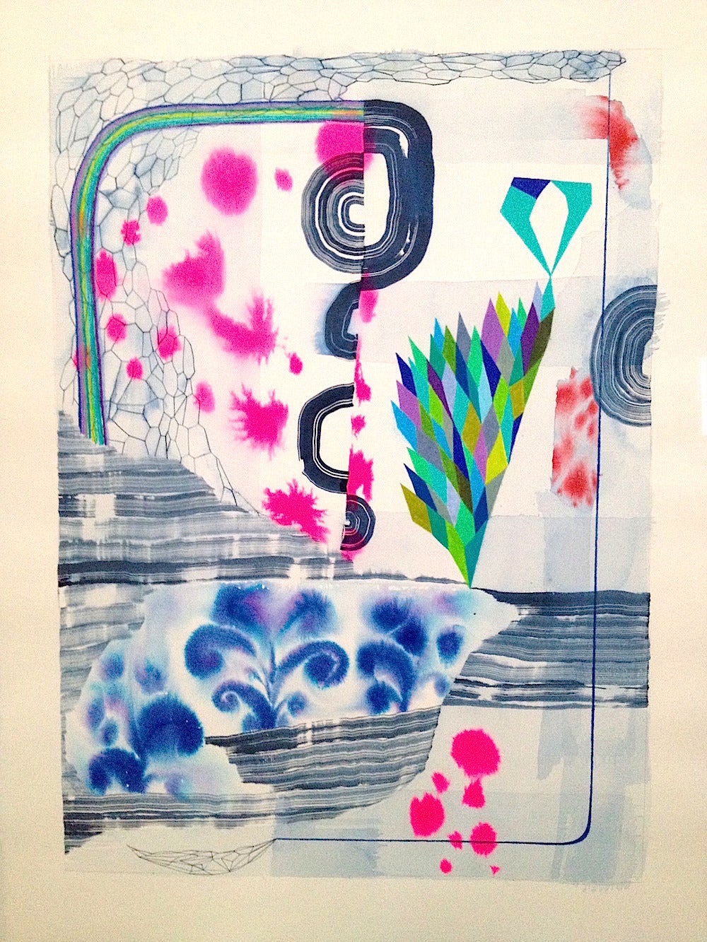 Gabe Brown Abstract Drawing - Untitled 342, Vertical Abstract Landscape, Blue, Green, Fuchsia Pink Patterns