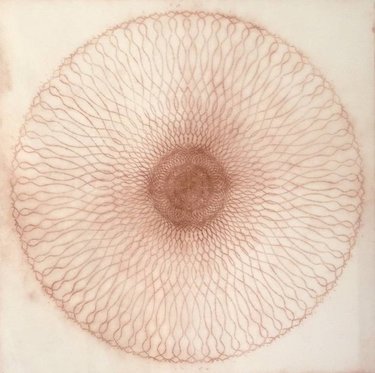 Mary Judge Abstract Drawing - Exotic Hex Series 112 07, Square Reddish Brown Circular Mandala Line Drawing
