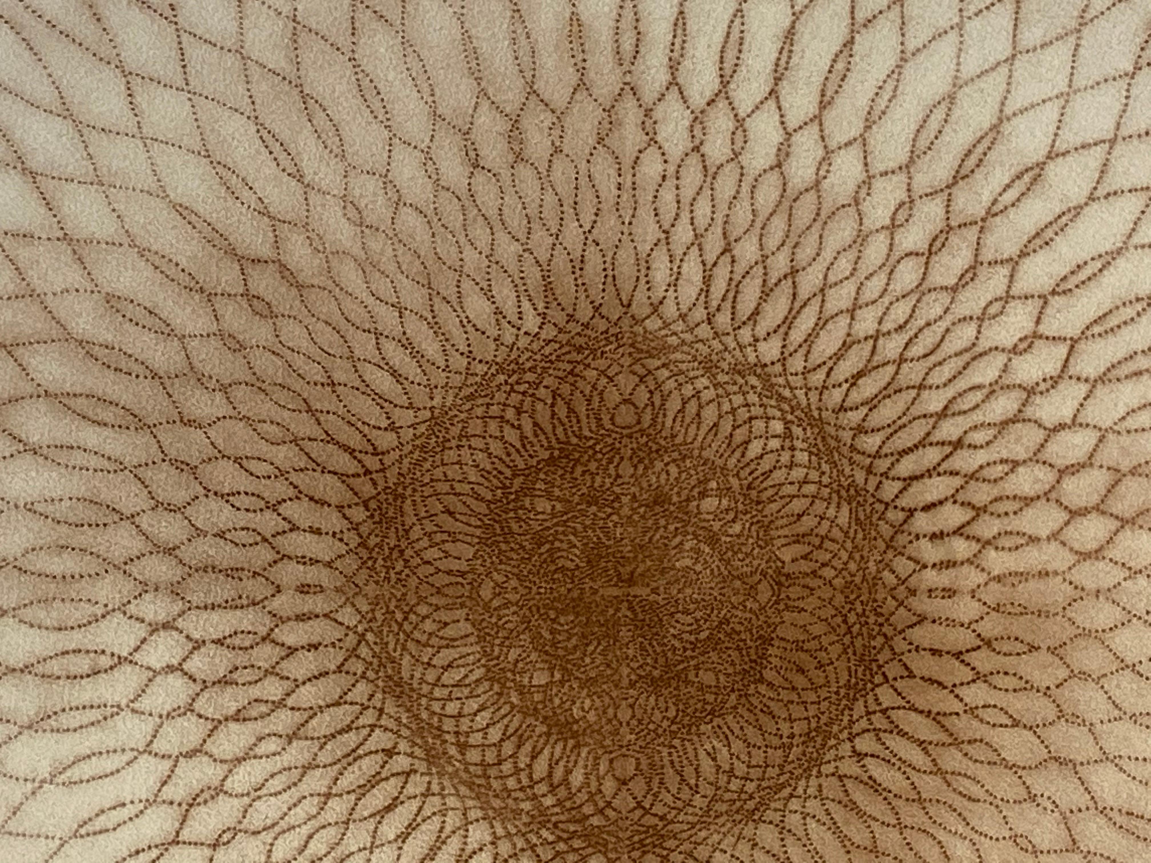 This reddish brown pigment drawing was made with a perforated stencil laid on ivory rag paper, pounced with a sack of powdered pigment. Pigment passes through leaving marks, patterns or dots that create an overall image. The version of this