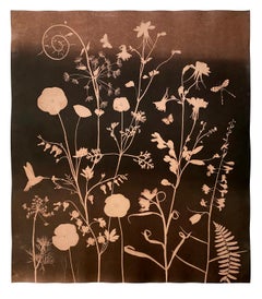 Cyanotype Painting, Tea Toned Poppies, Bleeding Hearts, Hummingbird, Botanical